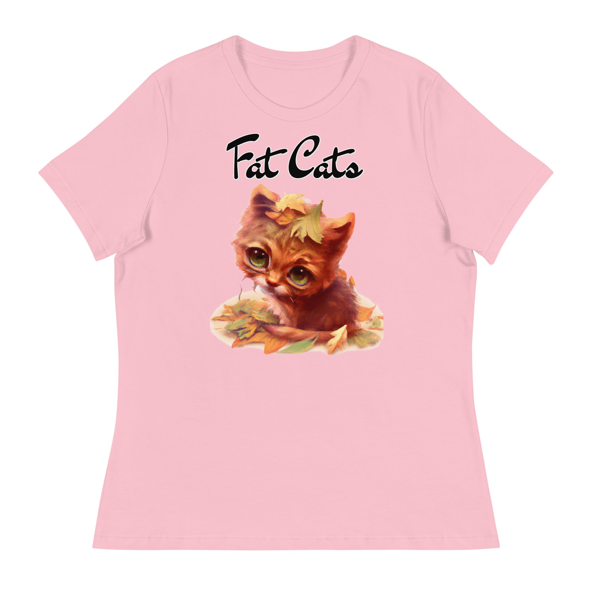 Women's T-Shirt with Ginger Cat With Autumn Leaves with a text "Fat Cats" at $25.97 found at Personalizedpetlovergifts