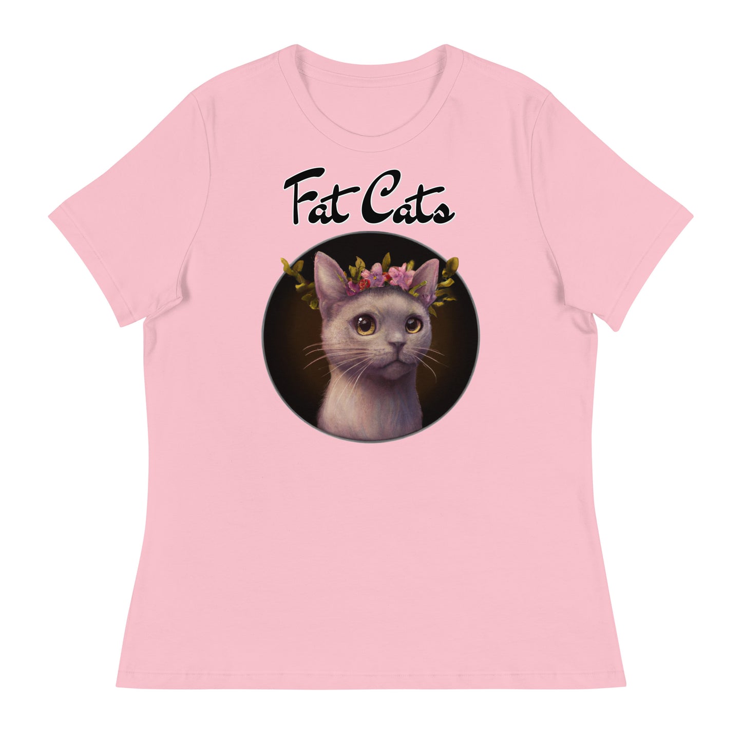 Women's T-Shirt with Gentle Cat With Pink Floral Headpiece with a text "Fat Cats" at $25.97 found at Personalizedpetlovergifts