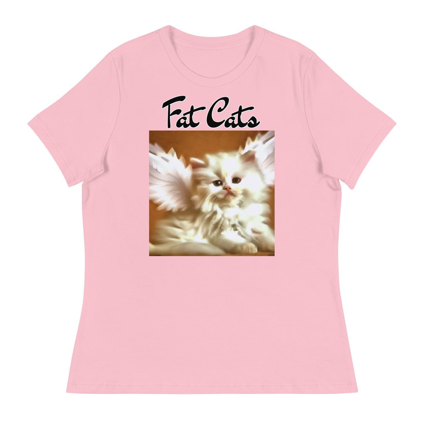 Women's T-Shirt with Fluffy White Kitten With Angel Wings with a text "Fat Cats" at $25.97 found at Personalizedpetlovergifts