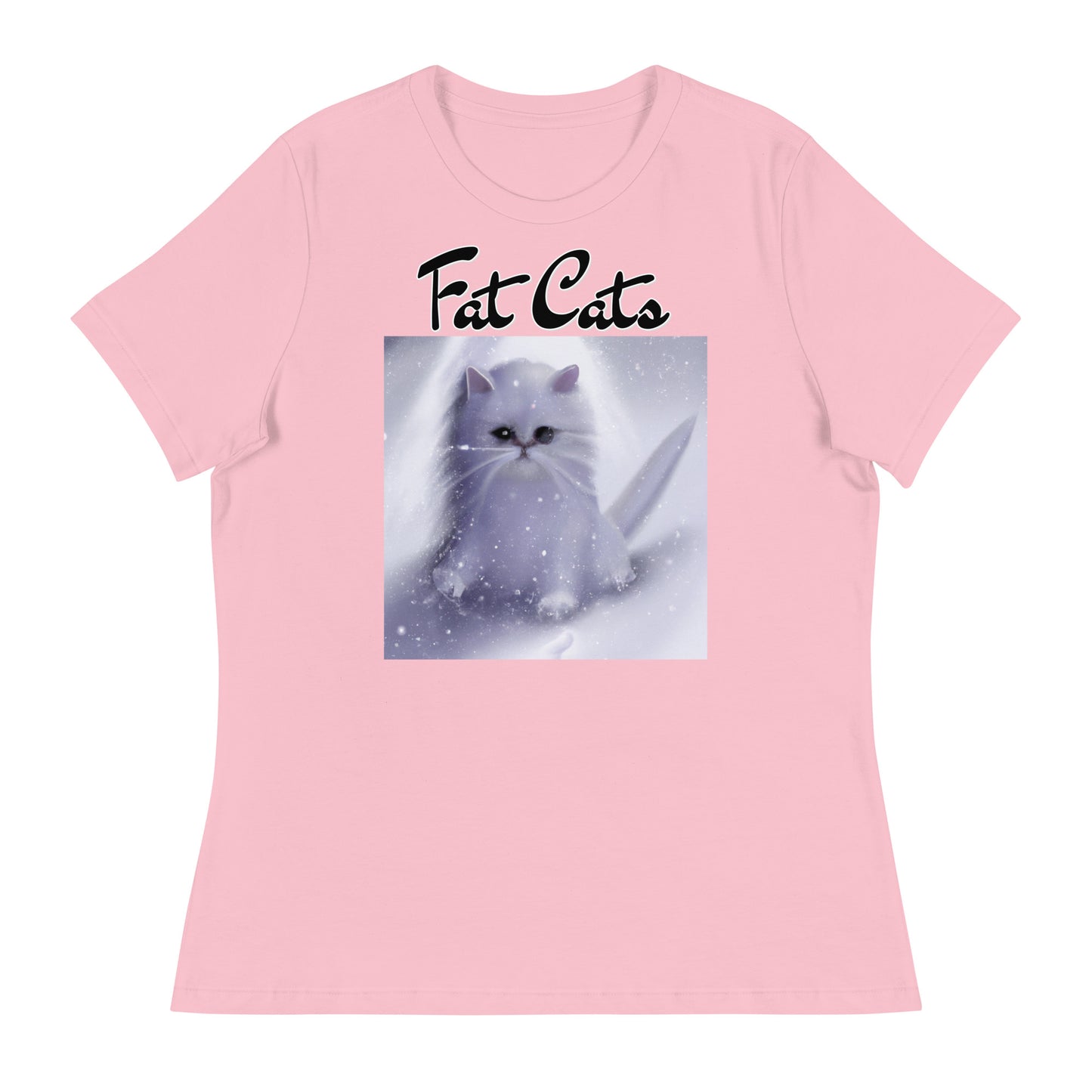 Women's T-Shirt with Fluffy White Kitten In The SNow with a text "Fat Cats" at $25.97 found at Personalizedpetlovergifts