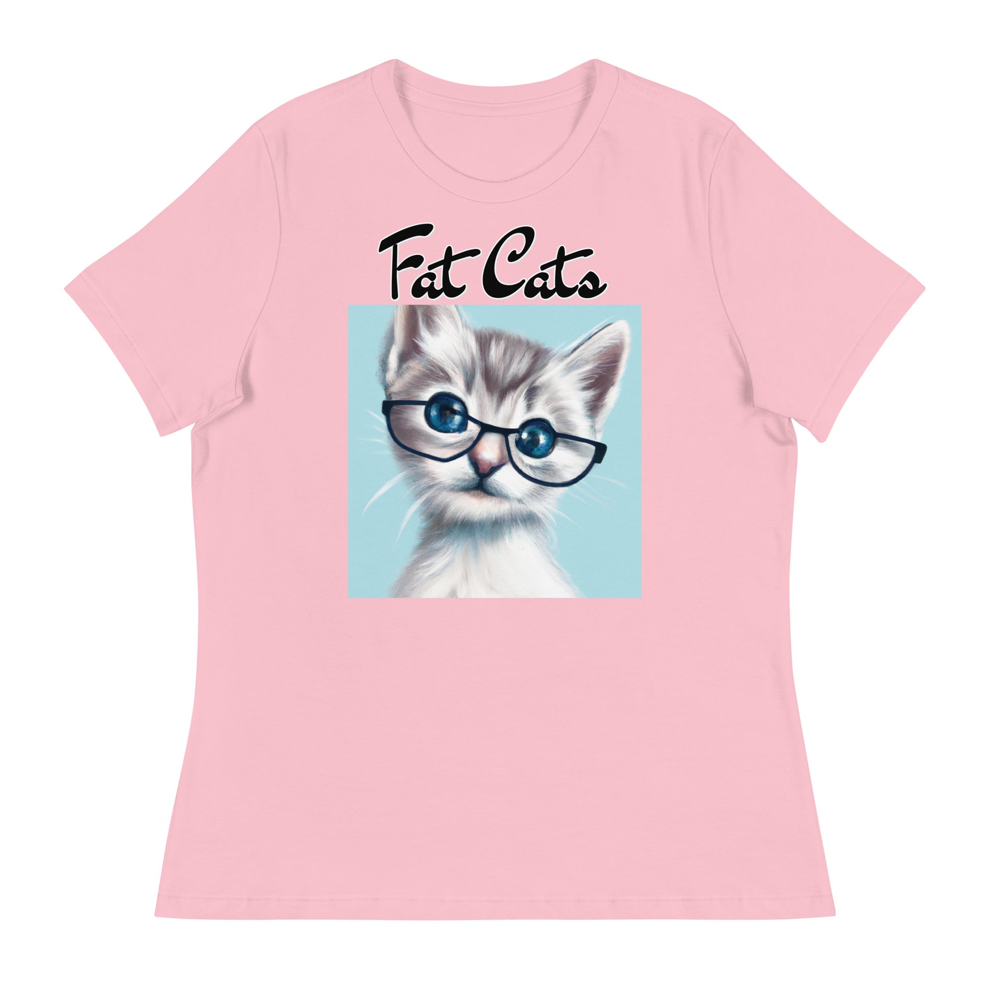 Women's T-Shirt with Fluffy Kitten With Glasses with a text "Fat Cats" at $25.97 found at Personalizedpetlovergifts