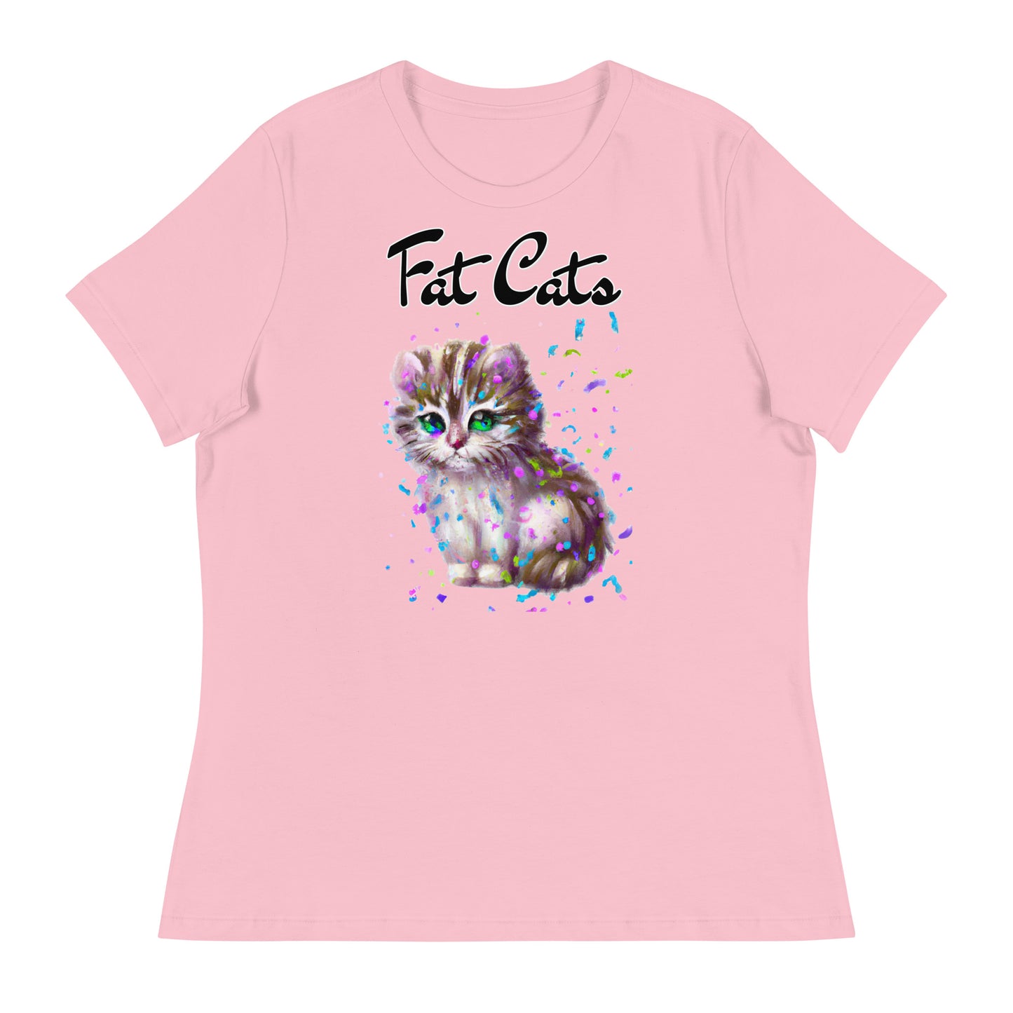 Women's T-Shirt with Fluffy Kitten With Confetti with a text "Fat Cats" at $25.97 found at Personalizedpetlovergifts