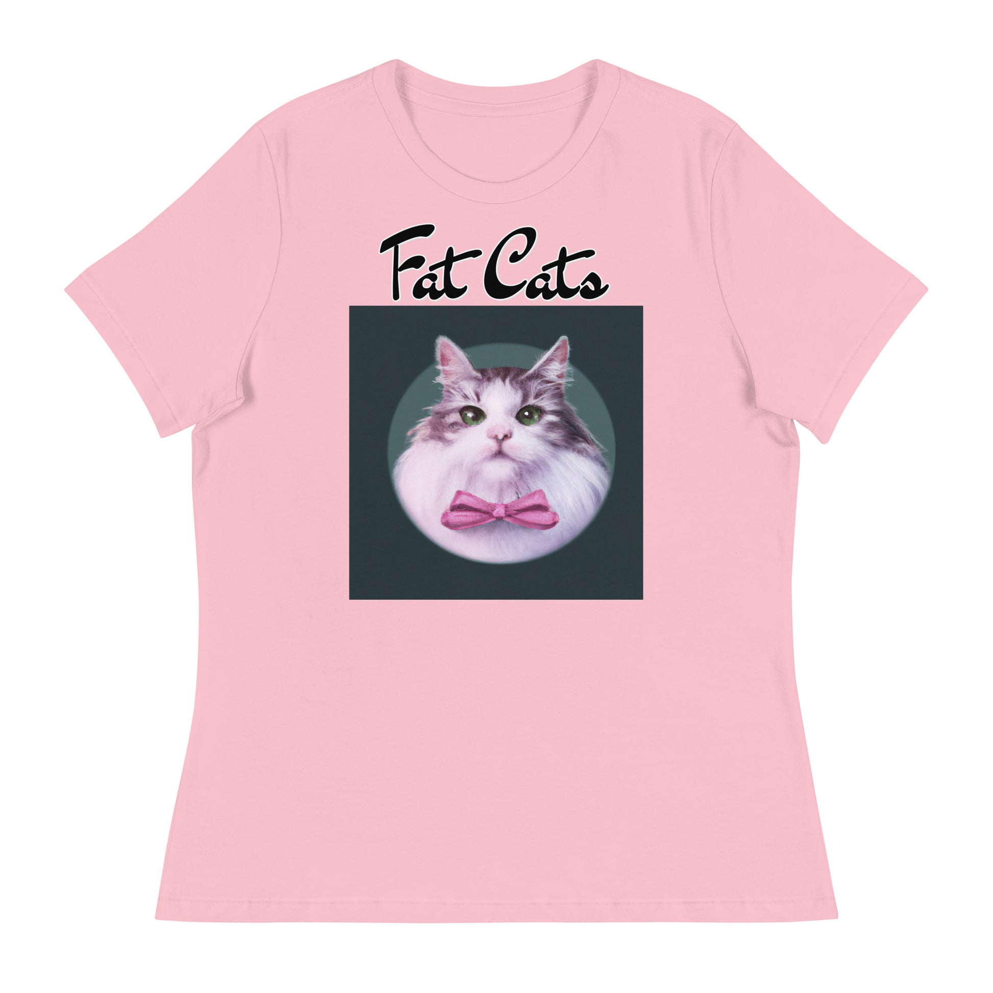 Women's T-Shirt with Fluffy Kitten With a Pink Bow with a text "Fat Cats" at $25.97 found at Personalizedpetlovergifts