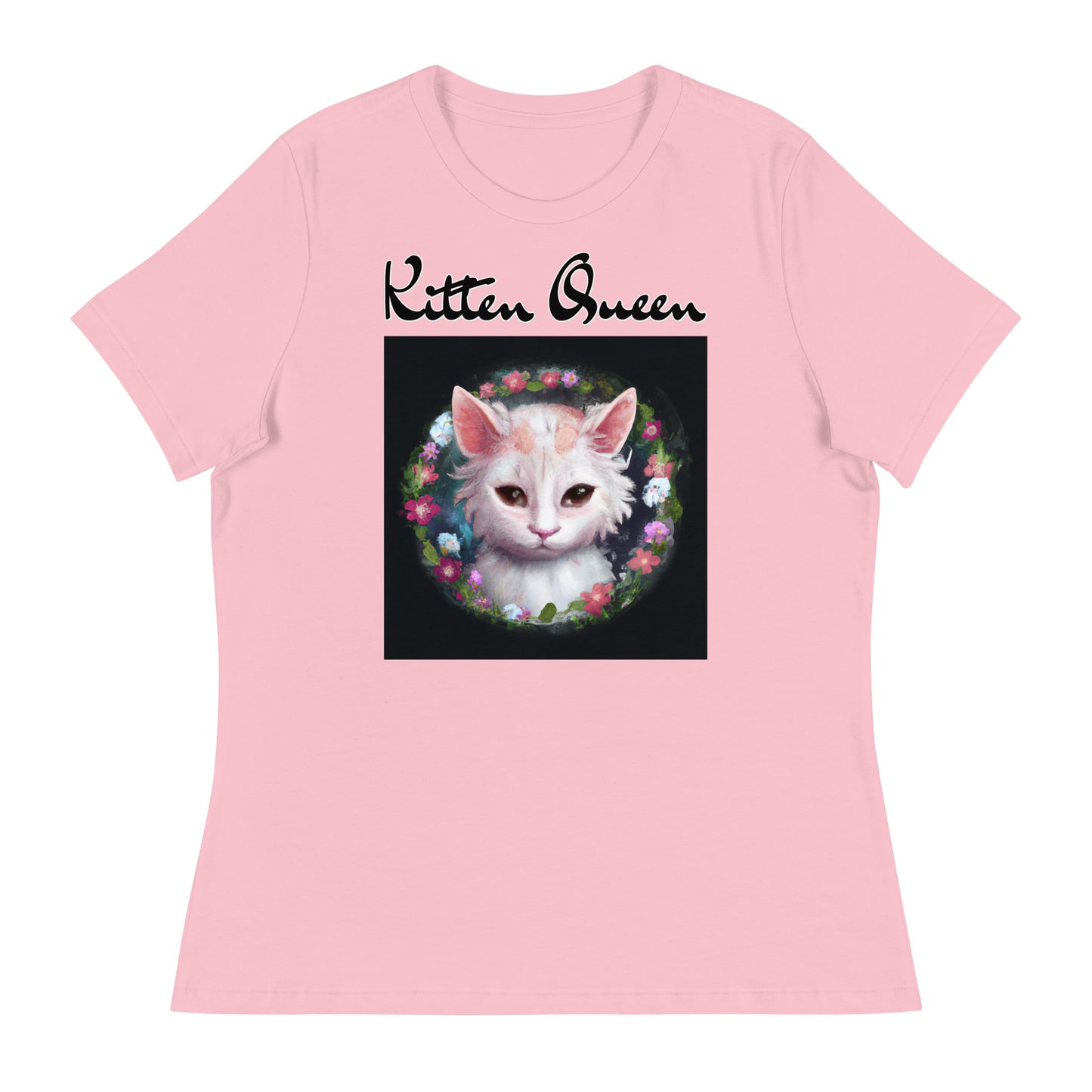 Women's T-Shirt with Kitten In a Floral Circle with a text "Kitten Queen" at $25.97 found at Personalizedpetlovergifts