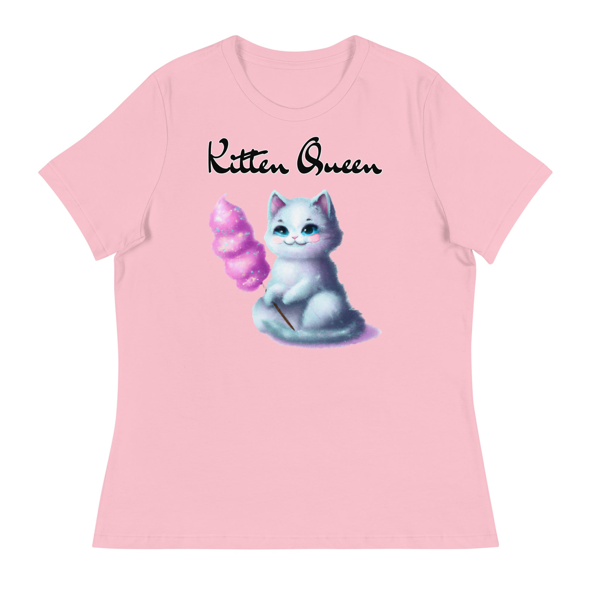 Women's T-Shirt with Kitten Holding A Cotton Candy with a text "Kitten Queen" at $25.97 found at Personalizedpetlovergifts