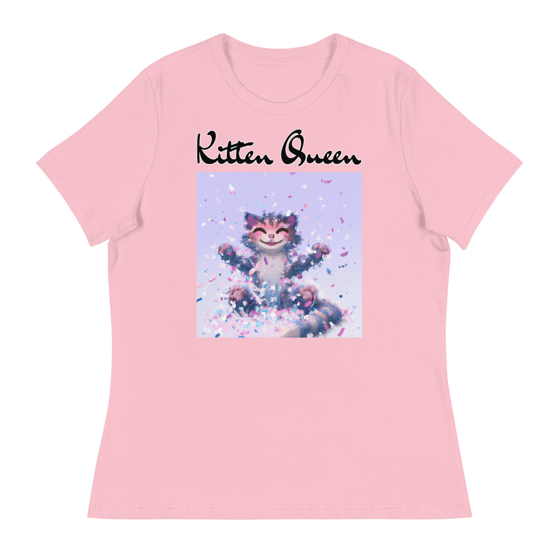 Women's T-Shirt with Kitten Enjoying Confetti with a text "Kitten Queen" at $25.97 found at Personalizedpetlovergifts