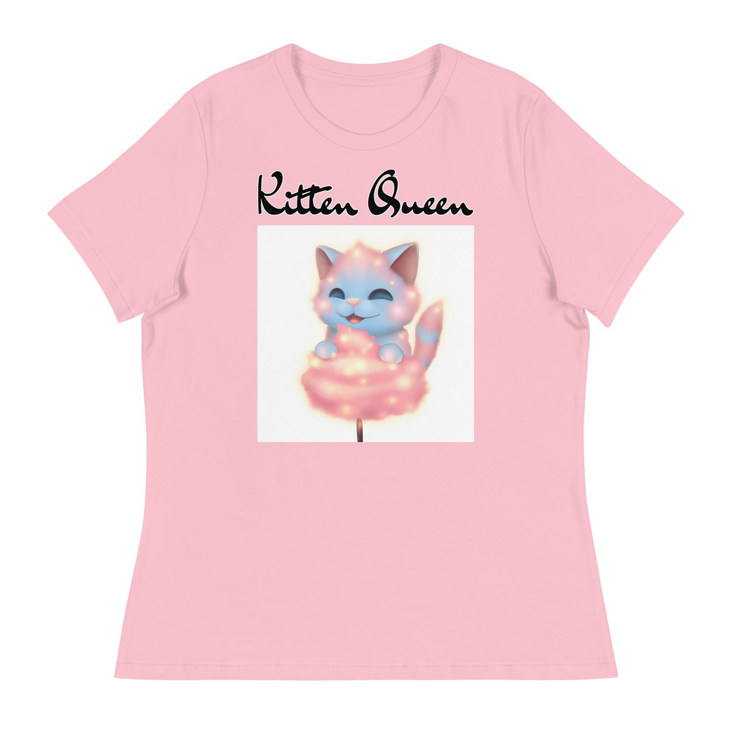 Women's T-Shirt with Kitten Enjoying a Cotton Candy with a text "Kitten Queen" at $25.97 found at Personalizedpetlovergifts