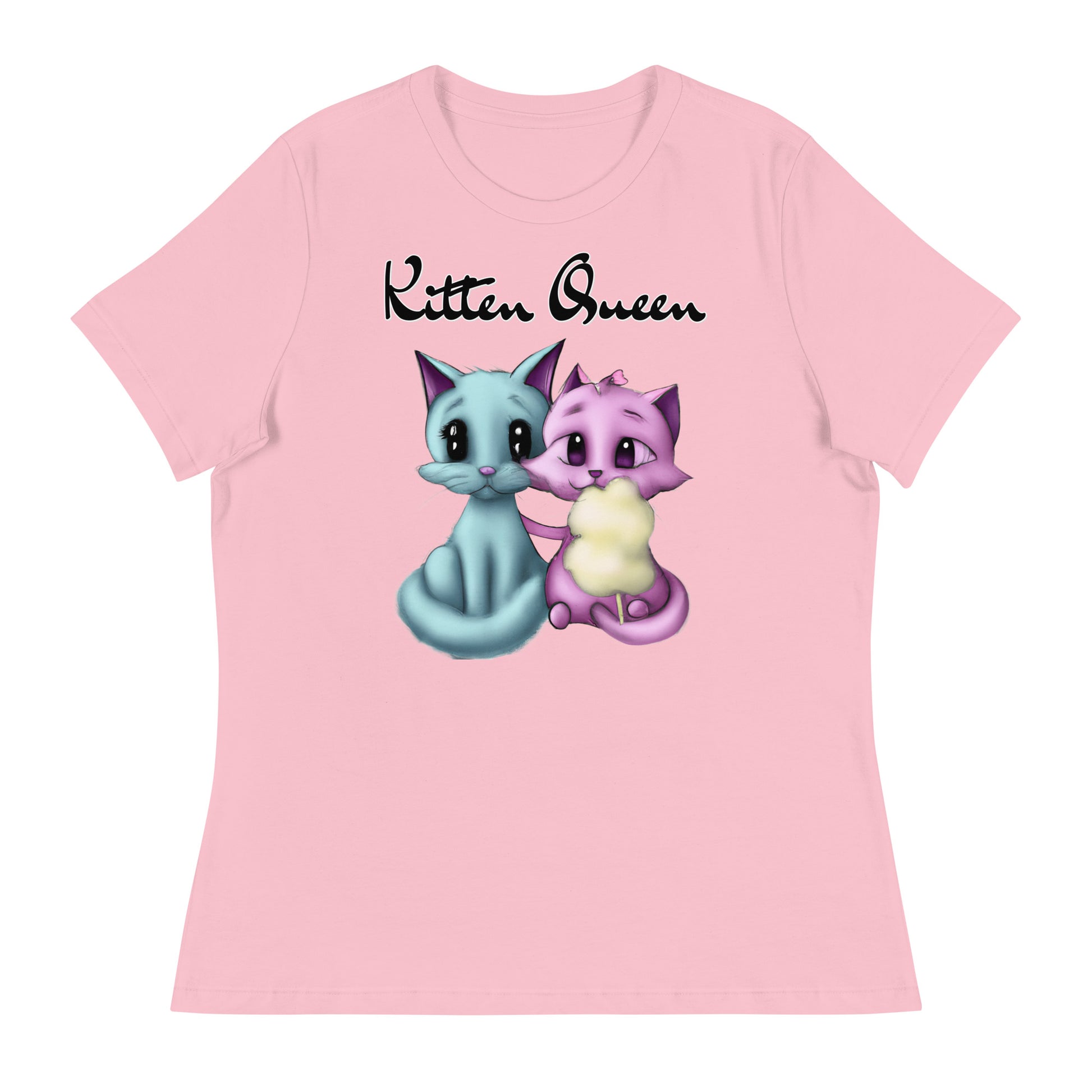 Women's T-Shirt with Hugging Kittens With Cotton Candy with a text "Kitten Queen" at $25.97 found at Personalizedpetlovergifts