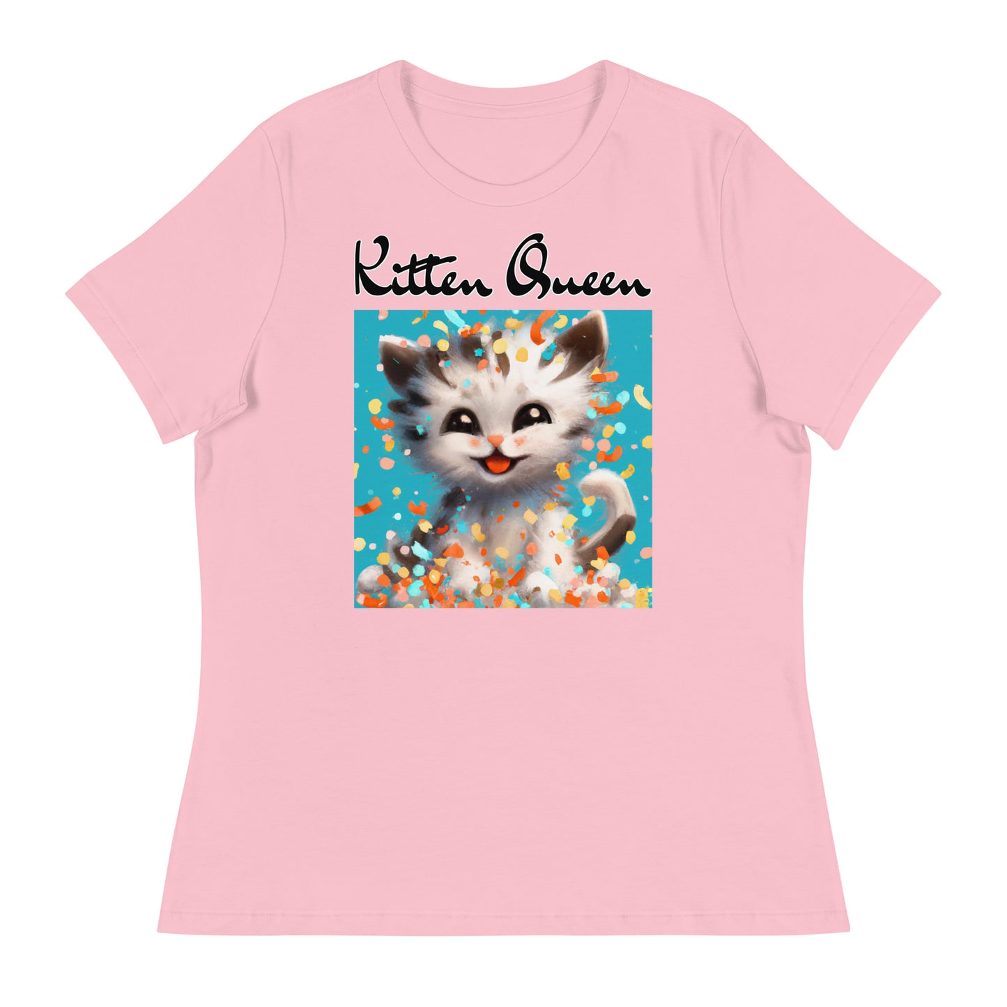 Women's T-Shirt with Happy Kitten With Confetti with a text "Kitten Queen" at $25.97 found at Personalizedpetlovergifts