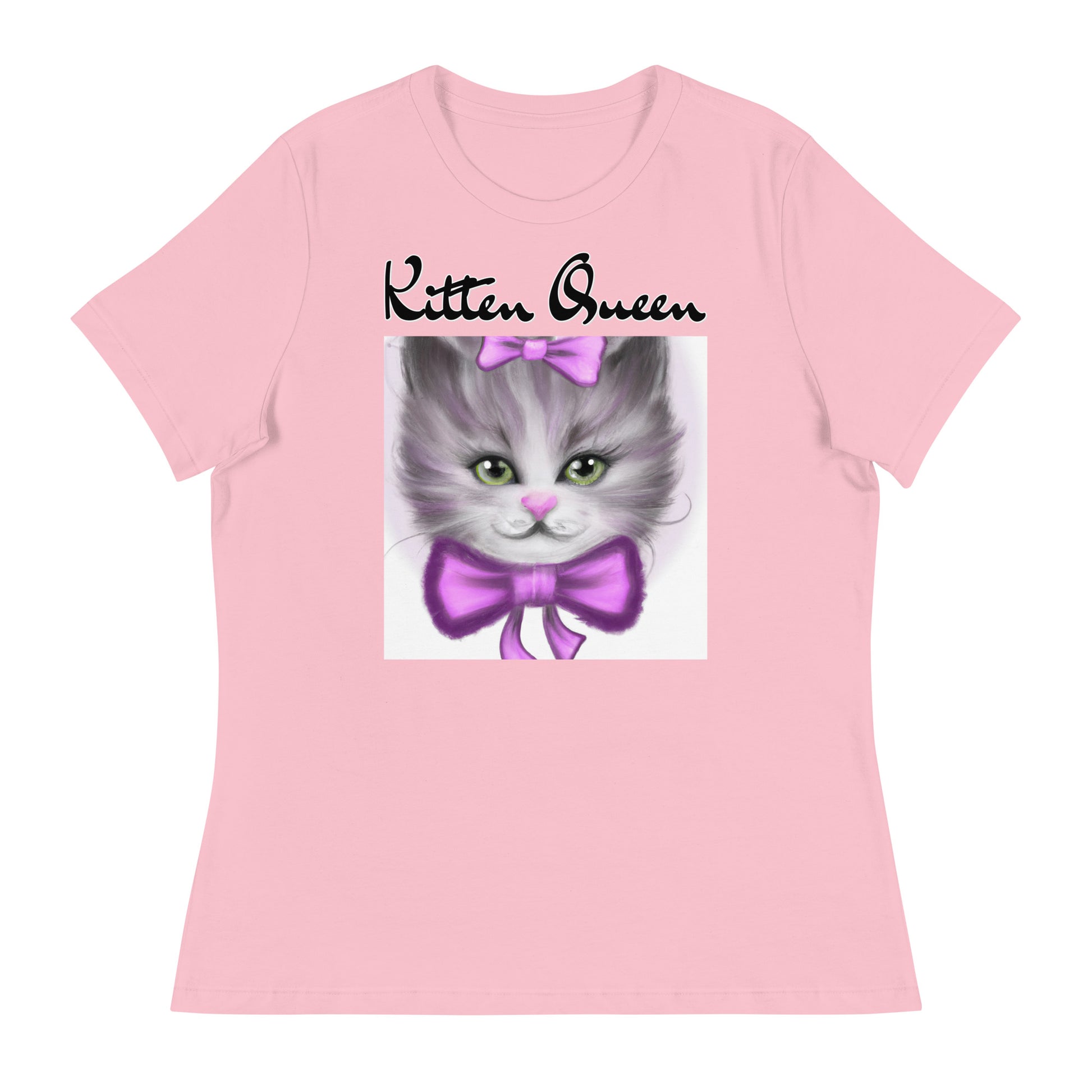 Women's T-Shirt with Happy Kitten With a Purple Bow with a text "Kitten Queen" at $25.97 found at Personalizedpetlovergifts