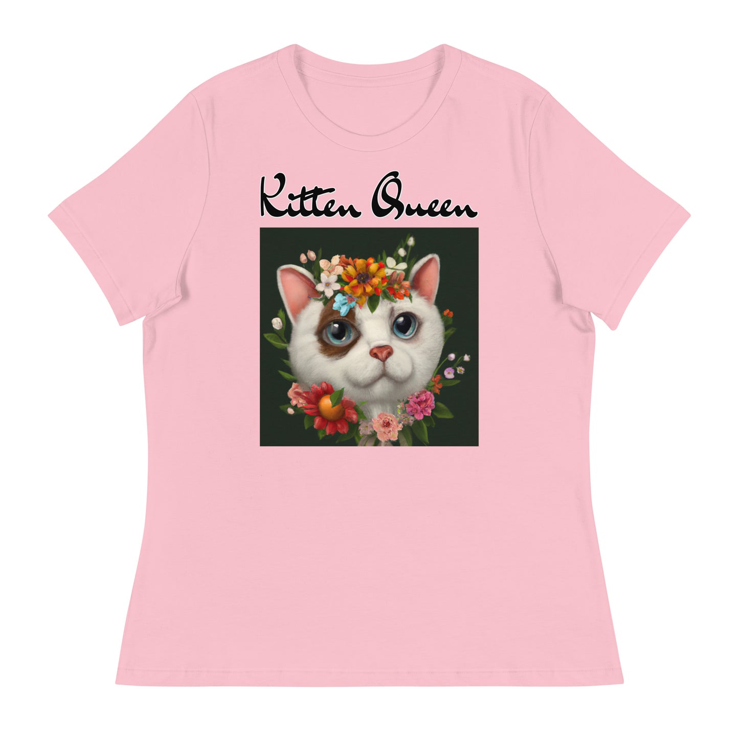 Women's T-Shirt with Happy Cat Portrait With Flowers with a text "Kitten Queen" at $25.97 found at Personalizedpetlovergifts