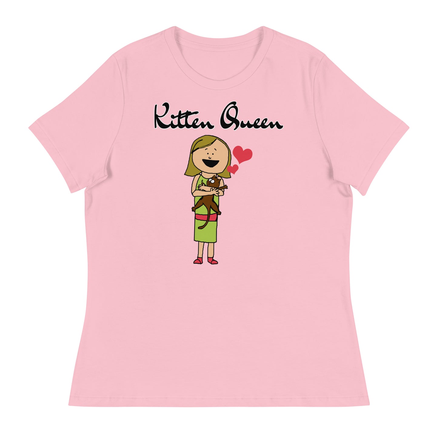 Women's T-Shirt with Girl Holding a Kitten with a text "Kitten Queen" at $25.97 found at Personalizedpetlovergifts