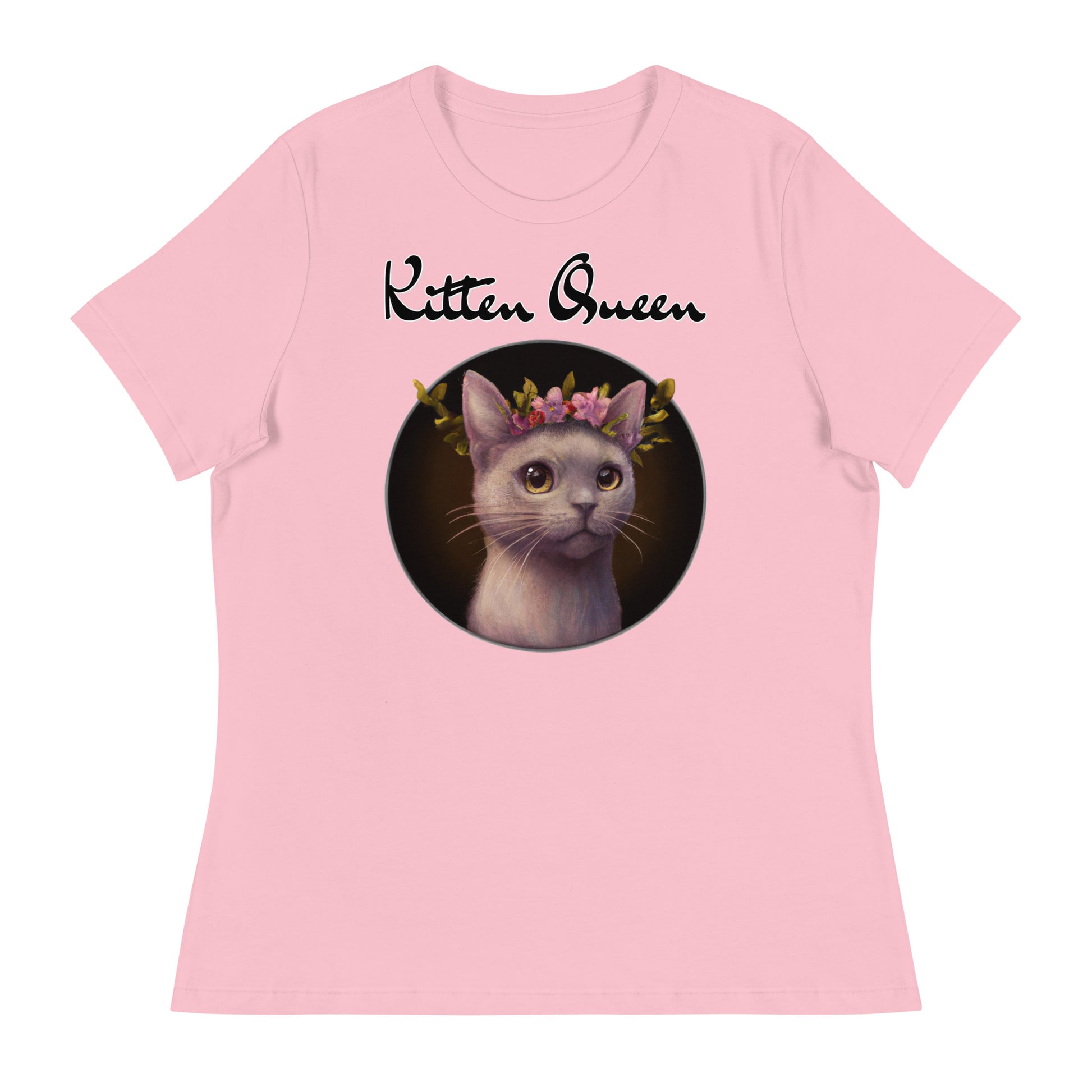 Women's T-Shirt with Gentle Cat With Pink Floral Headpiece with a text "Kitten Queen" at $25.97 found at Personalizedpetlovergifts