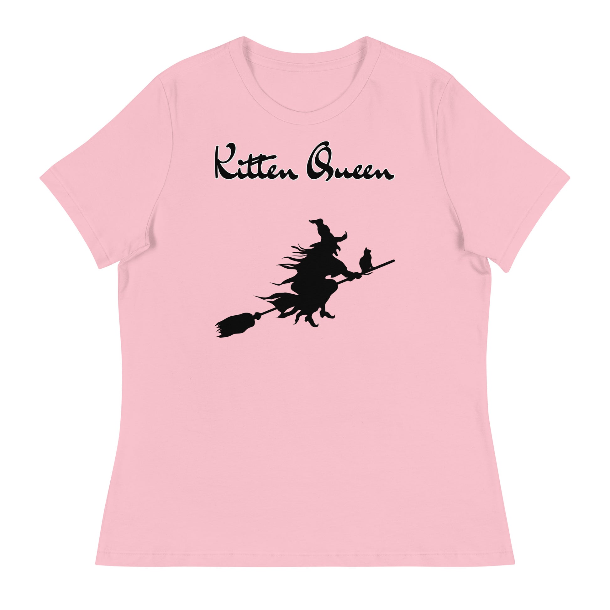 Women's T-Shirt with Flying Witch With Cat On a Broom with a text "Kitten Queen" at $25.97 found at Personalizedpetlovergifts