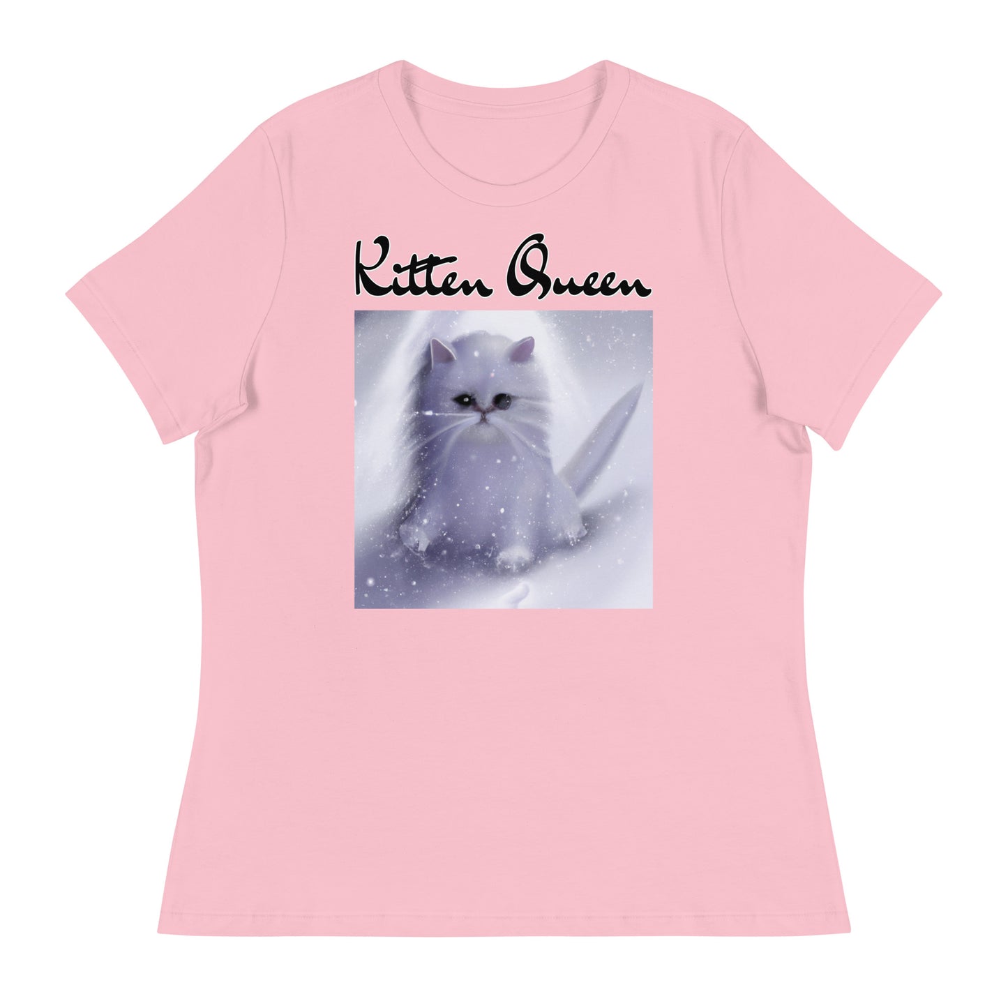 Women's T-Shirt with Fluffy White Kitten In The SNow with a text "Kitten Queen" at $25.97 found at Personalizedpetlovergifts