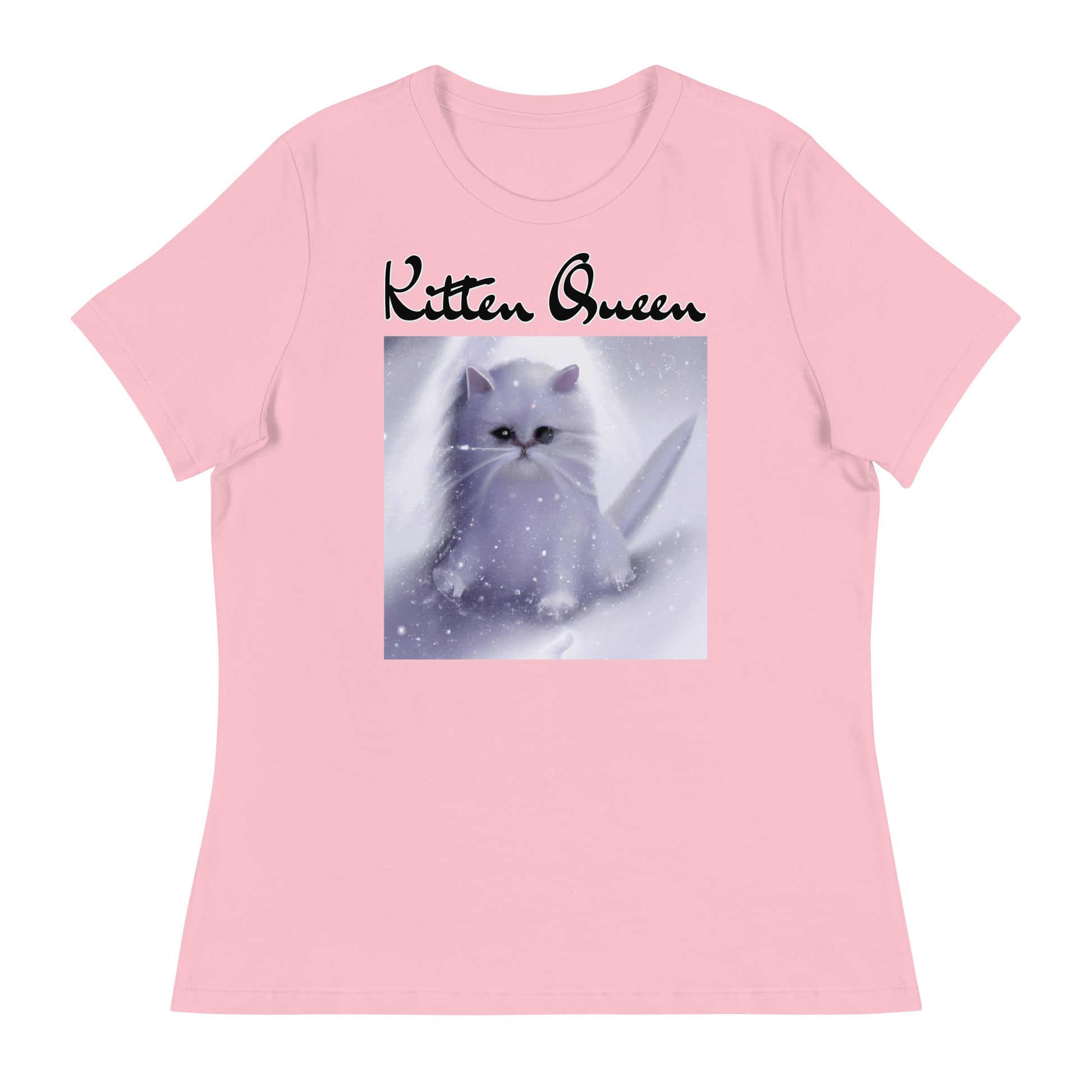 Women's T-Shirt with Fluffy White Kitten In The SNow with a text "Kitten Queen" at $25.97 found at Personalizedpetlovergifts