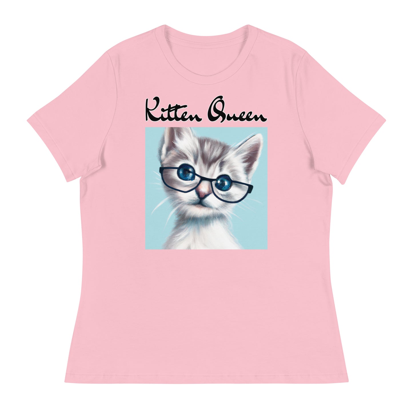 Women's T-Shirt with Fluffy Kitten With Glasses with a text "Kitten Queen" at $25.97 found at Personalizedpetlovergifts