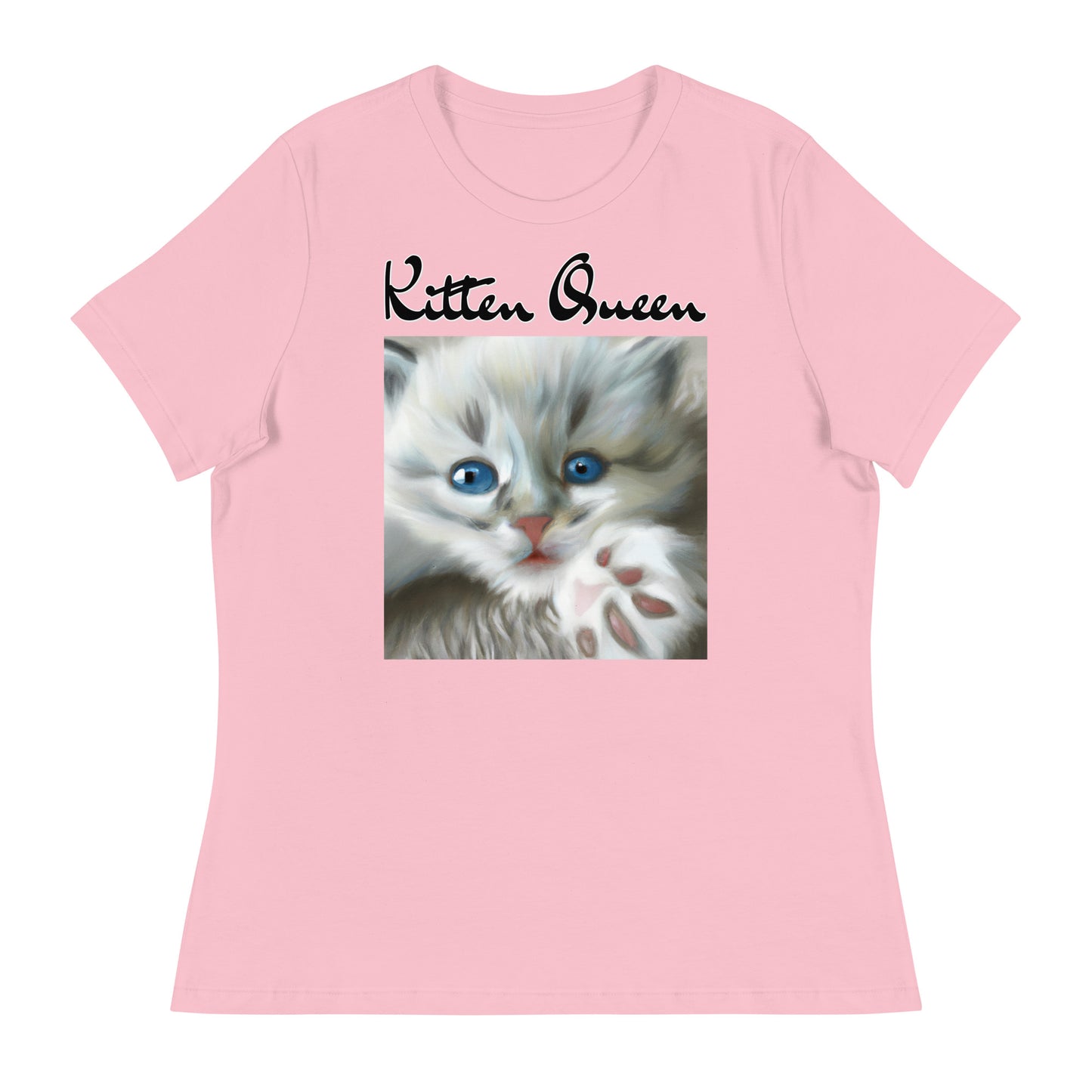 Women's T-Shirt with Fluffy Kitten With Fluffy Paw with a text "Kitten Queen" at $25.97 found at Personalizedpetlovergifts