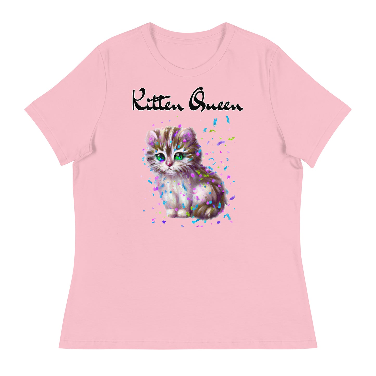 Women's T-Shirt with Fluffy Kitten With Confetti with a text "Kitten Queen" at $25.97 found at Personalizedpetlovergifts