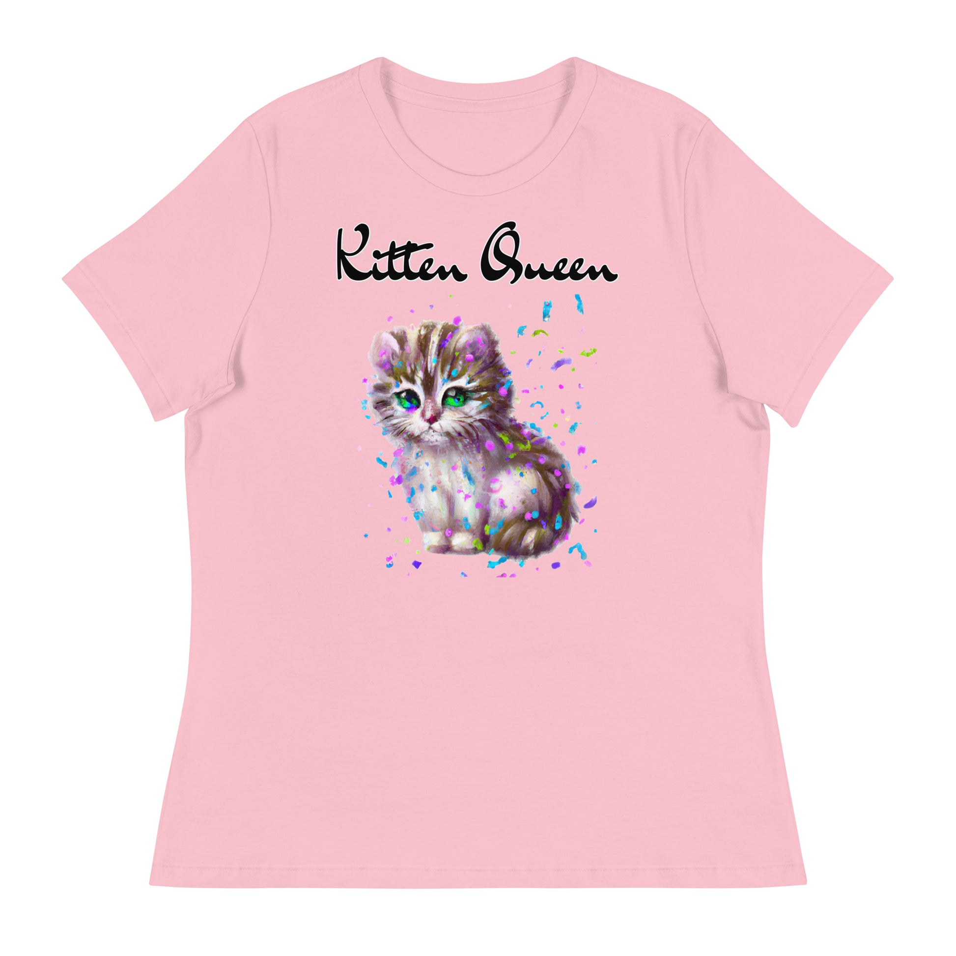 Women's T-Shirt with Fluffy Kitten With Confetti with a text "Kitten Queen" at $25.97 found at Personalizedpetlovergifts