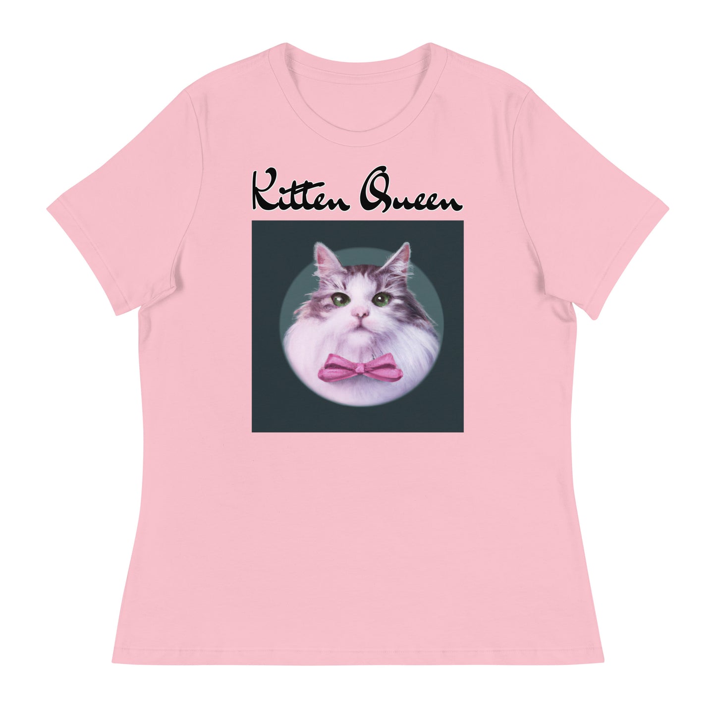 Women's T-Shirt with Fluffy Kitten With a Pink Bow with a text "Kitten Queen" at $25.97 found at Personalizedpetlovergifts