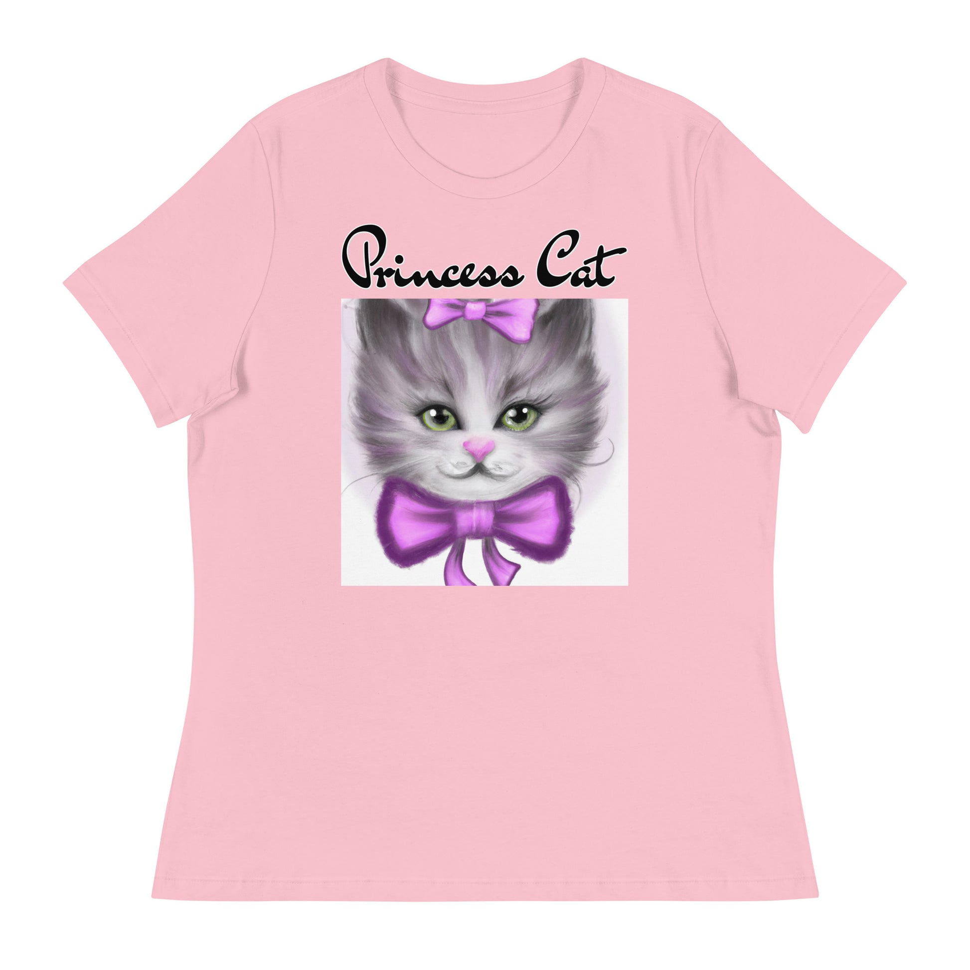 Women's T-Shirt with Happy Kitten With a Purple Bow with a text "Princess Cat" at $25.97 found at Personalizedpetlovergifts