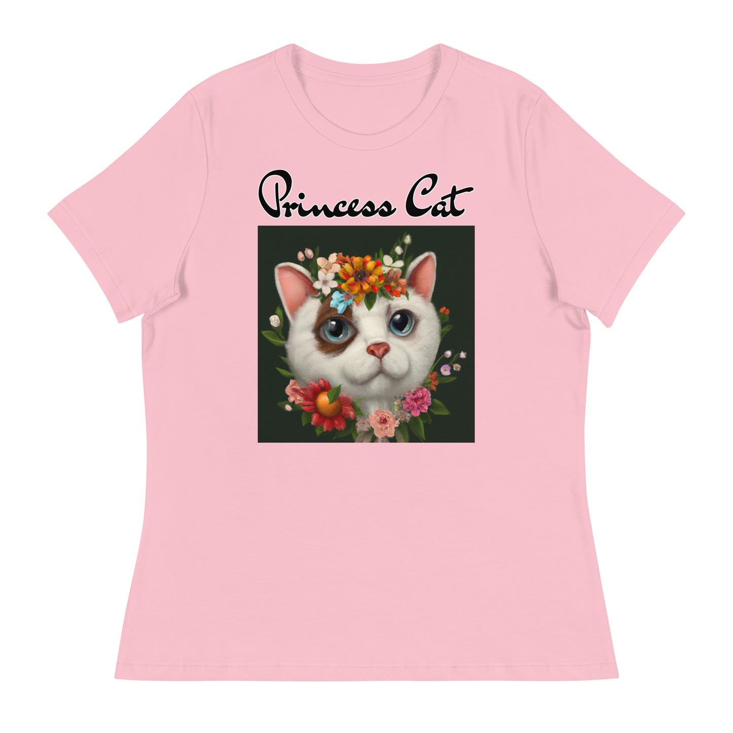 Women's T-Shirt with Happy Cat Portrait With Flowers with a text "Princess Cat" at $25.97 found at Personalizedpetlovergifts