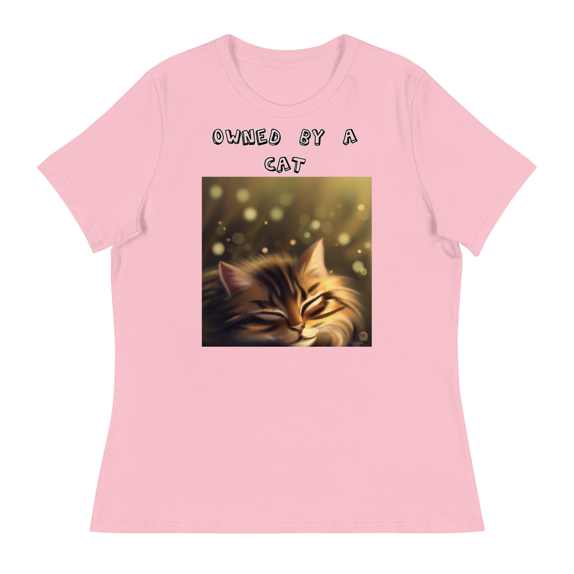 Women's White T-Shirt with Sleepy Cat with a text "Owned by a Cat" at $25.97 found at Personalizedpetlovergifts