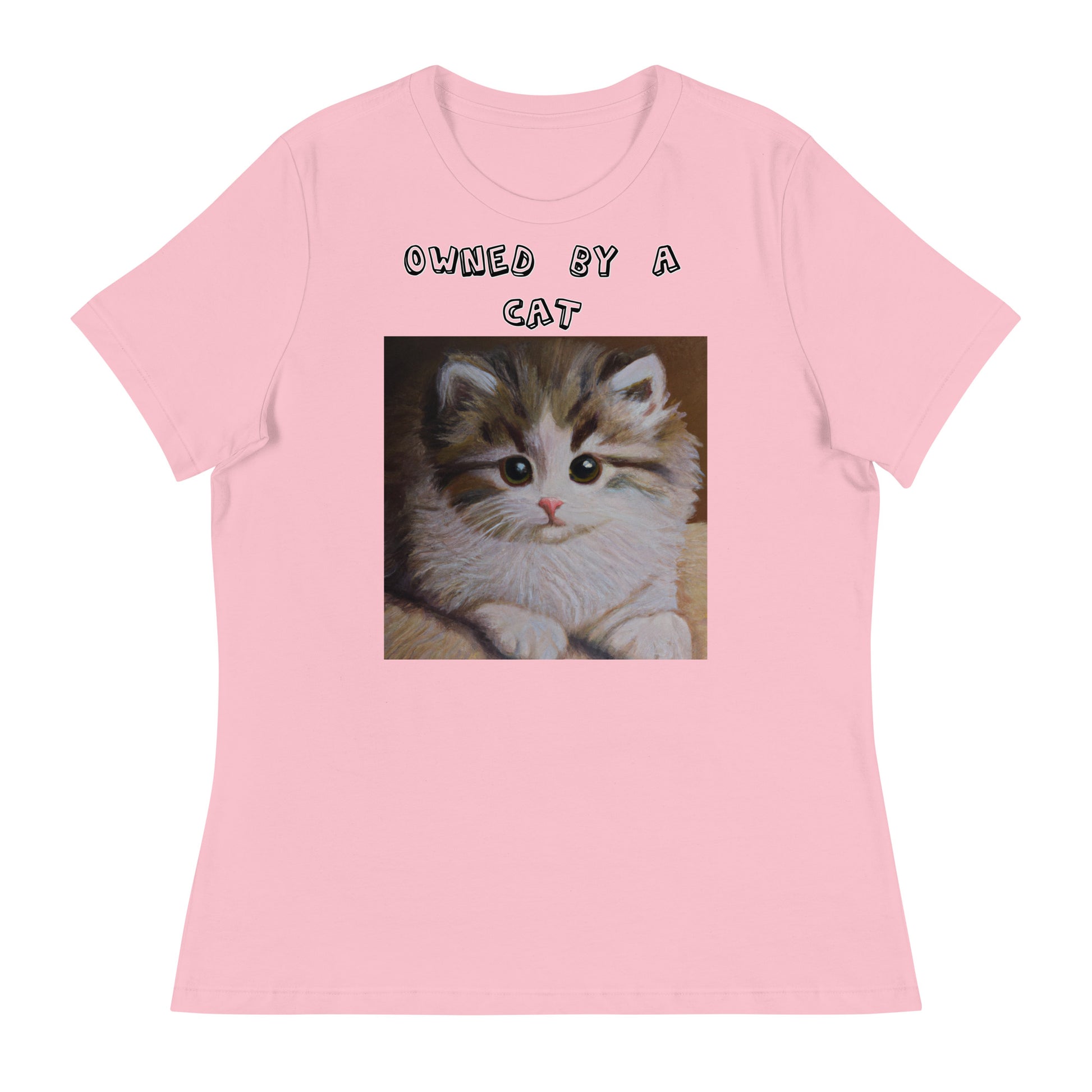 Women's White T-Shirt with Small Fluffy Kitten Painting with a text "Owned by a Cat" at $25.97 found at Personalizedpetlovergifts