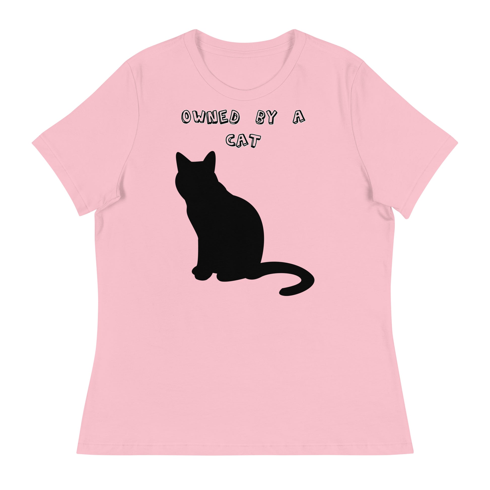 Women's White T-Shirt with Silhouette Of Black Cat with a text "Owned by a Cat" at $25.97 found at Personalizedpetlovergifts