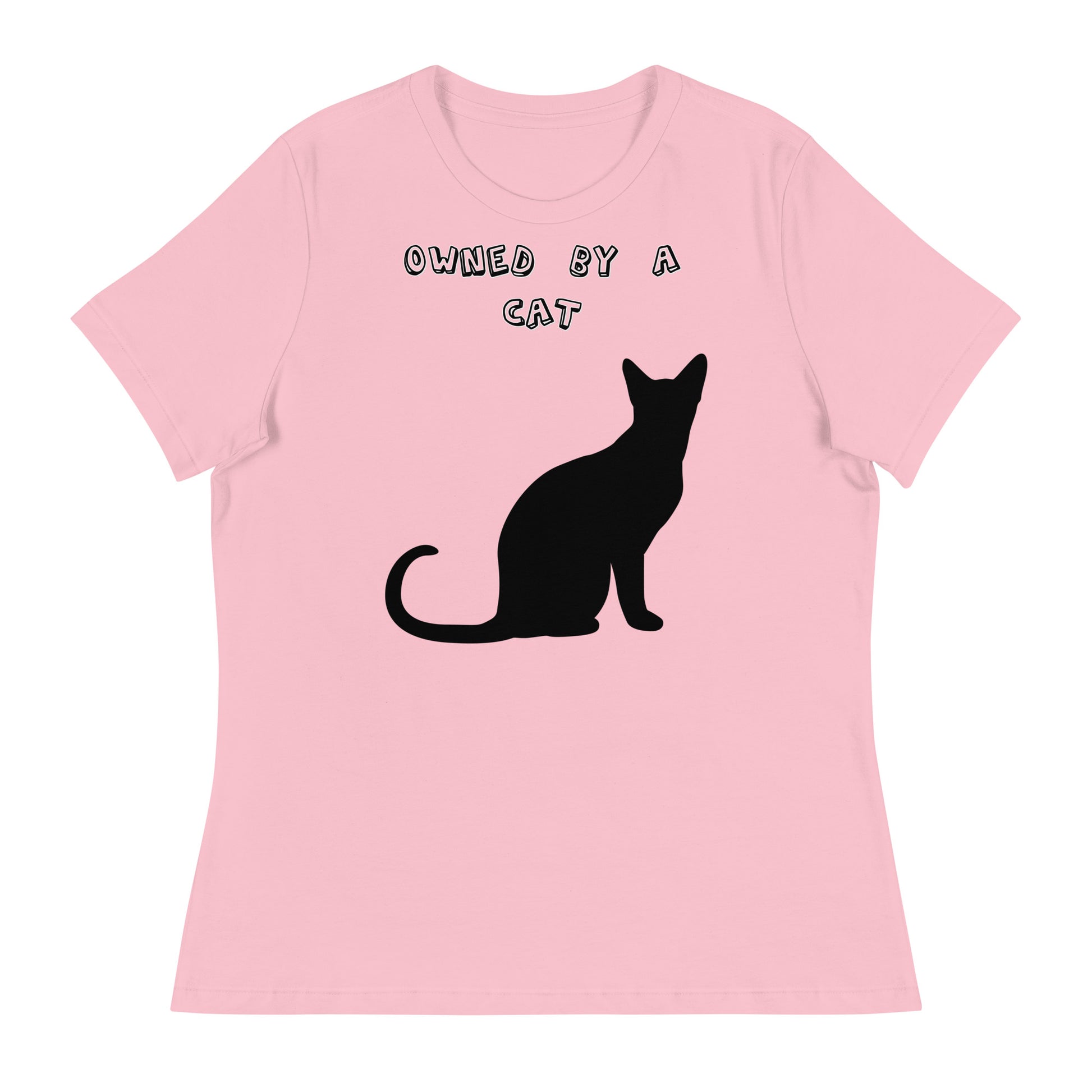 Women's White T-Shirt with Silhouette Of a Black Cat with a text "Owned by a Cat" at $25.97 found at Personalizedpetlovergifts