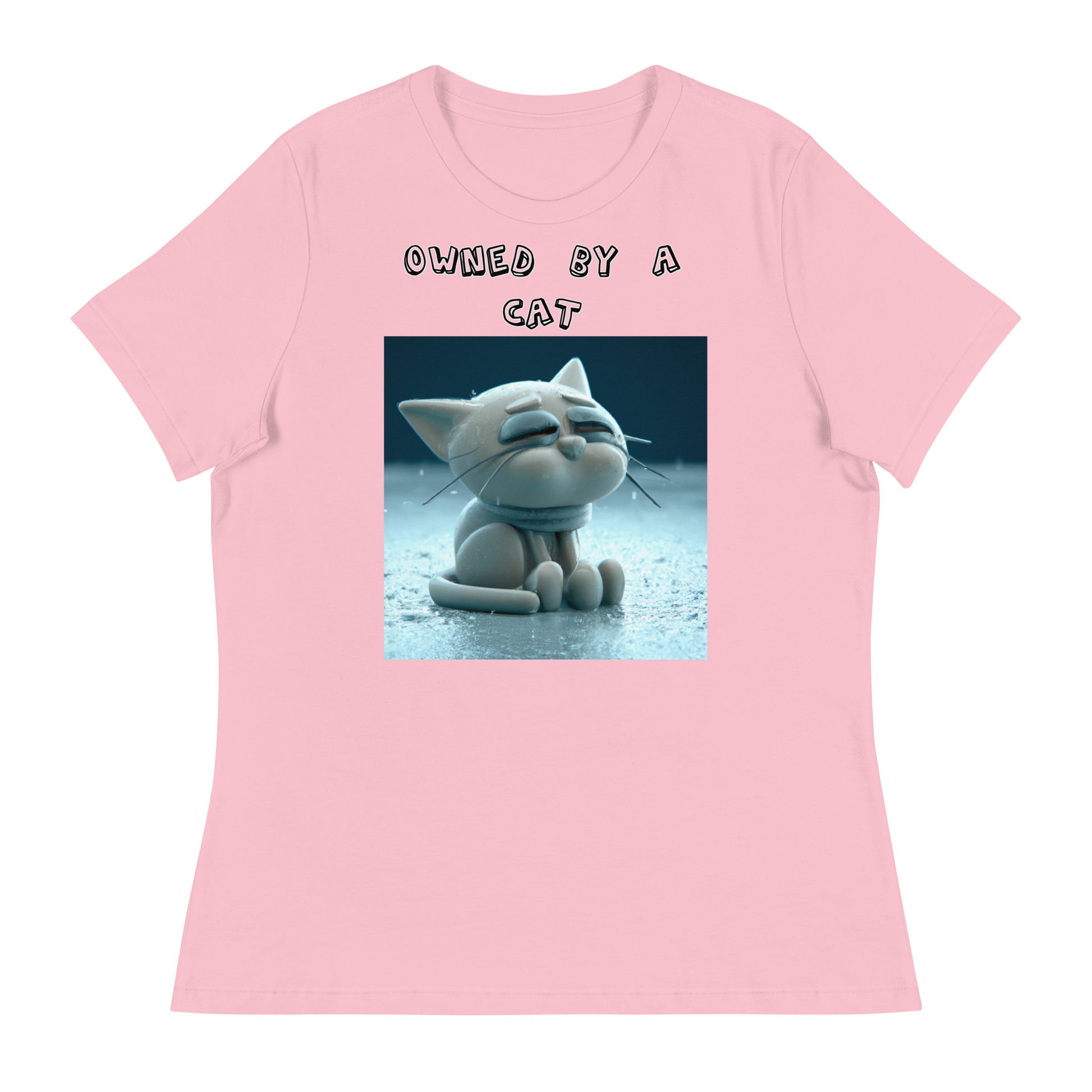 Women's White T-Shirt with Sad Sitting Kitten with a text "Owned by a Cat" at $25.97 found at Personalizedpetlovergifts