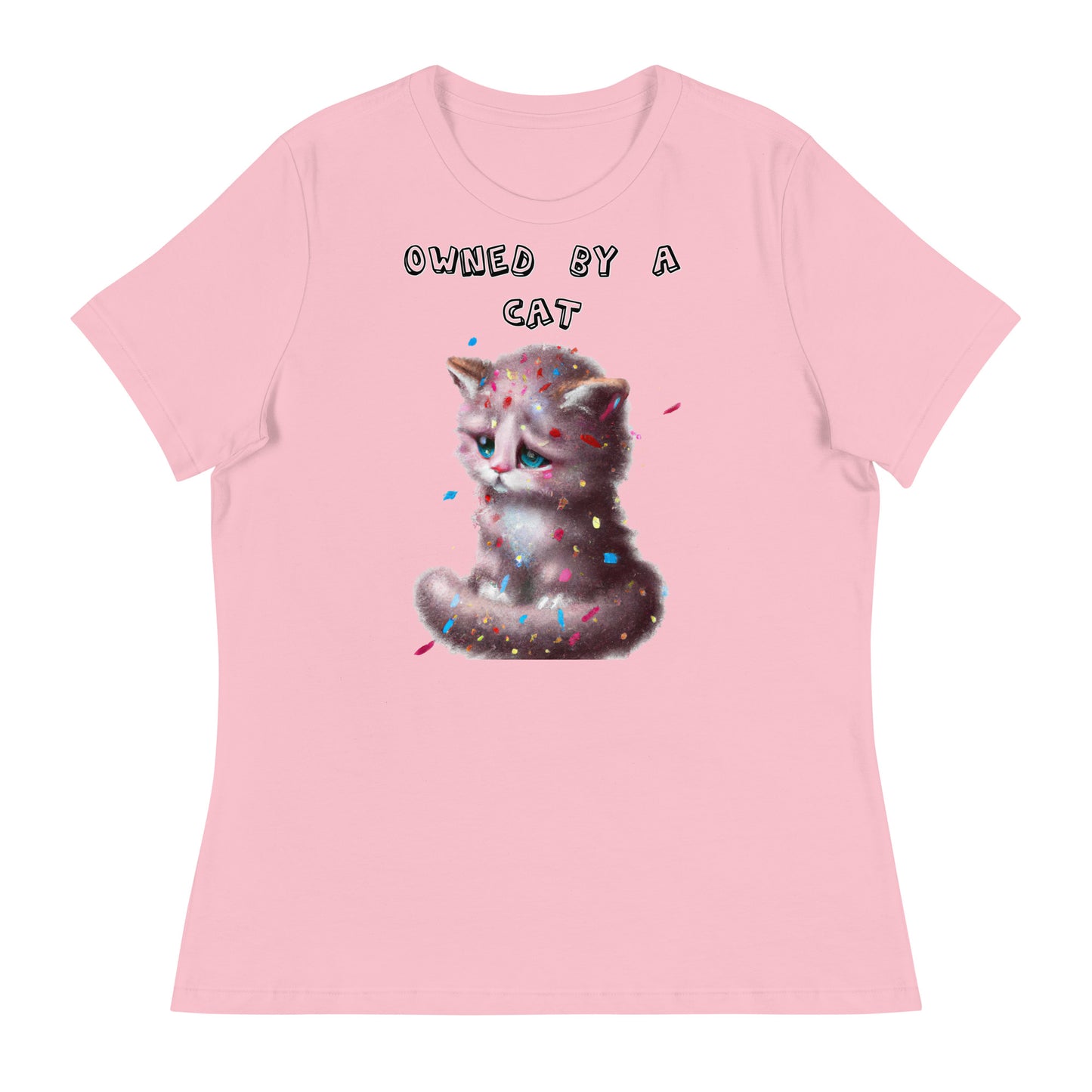 Women's White T-Shirt with Sad Kitten With Confetti with a text "Owned by a Cat" at $25.97 found at Personalizedpetlovergifts