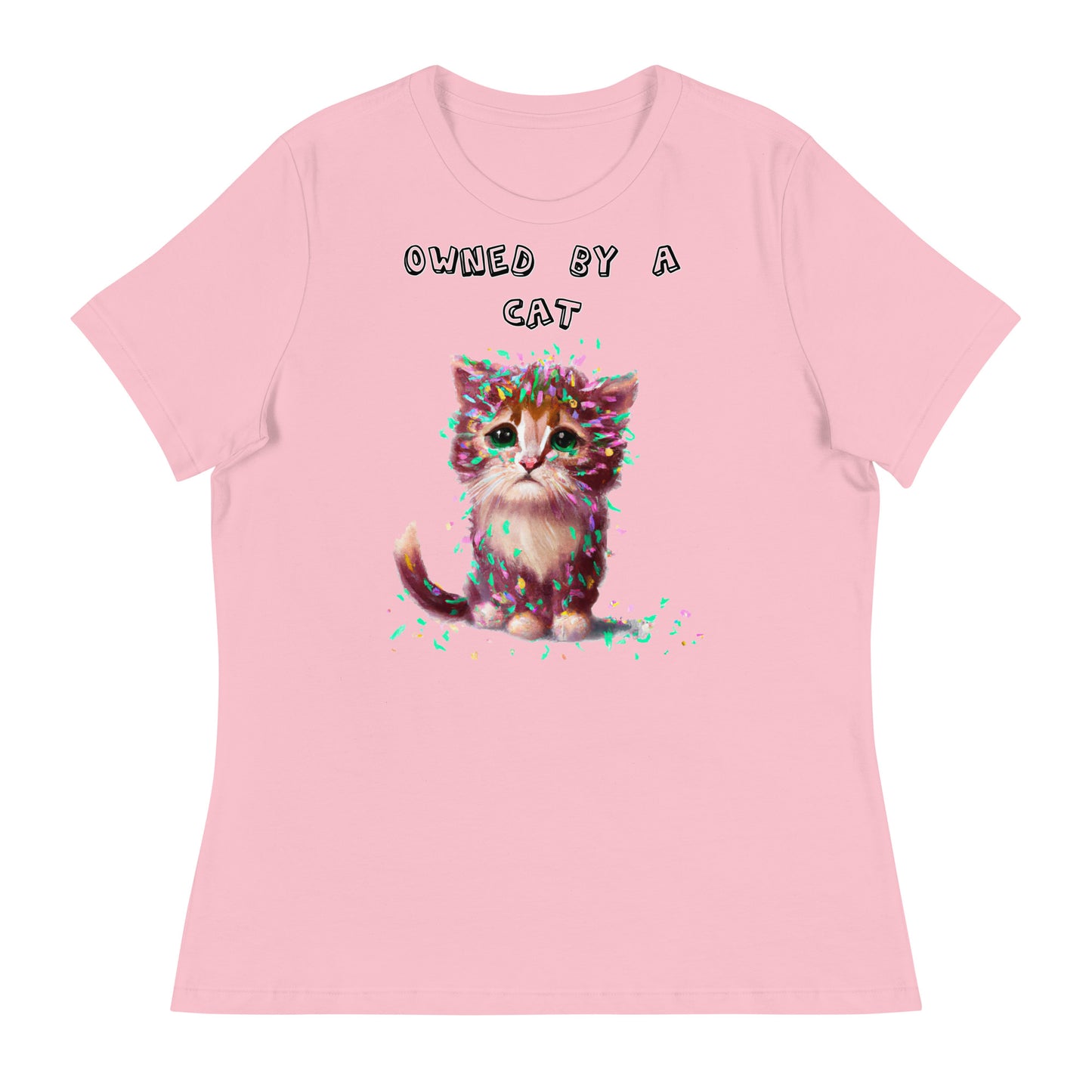 Women's White T-Shirt with Sad Kitten Covered In Confetti with a text "Owned by a Cat" at $25.97 found at Personalizedpetlovergifts