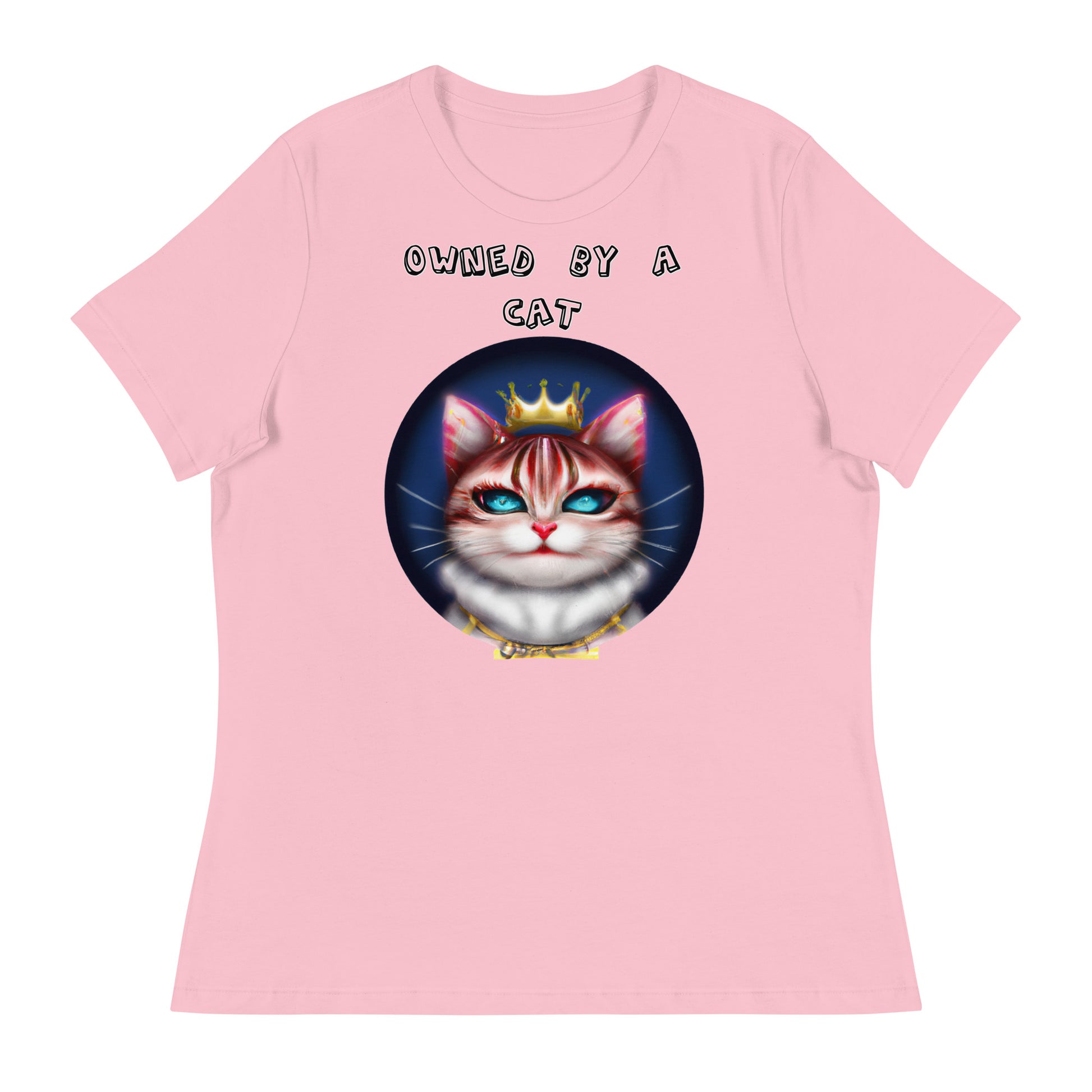 Women's White T-Shirt with Queen Kitten In a Circle with a text "Owned by a Cat" at $25.97 found at Personalizedpetlovergifts