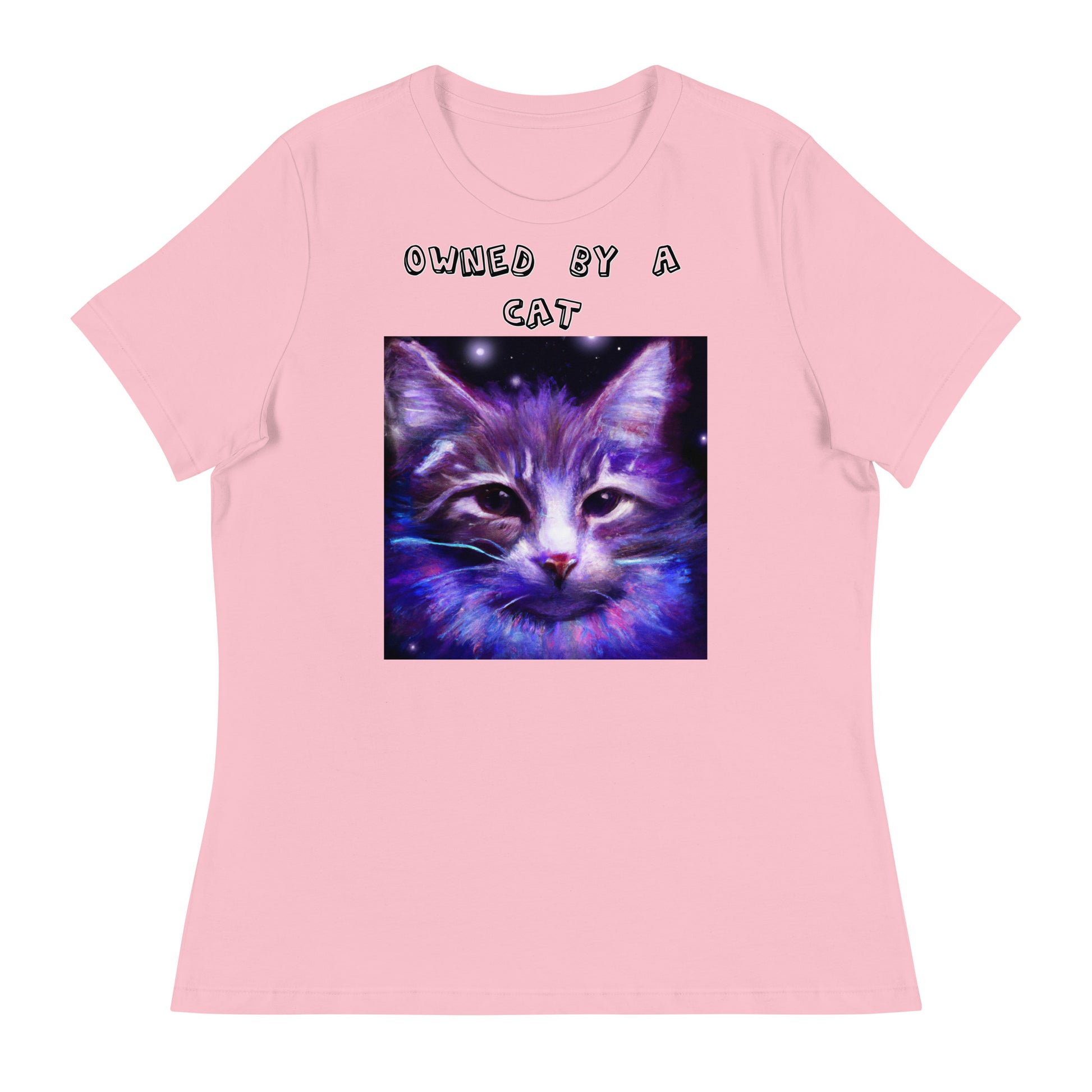 Women's White T-Shirt with Purple Space Cat with a text "Owned by a Cat" at $25.97 found at Personalizedpetlovergifts