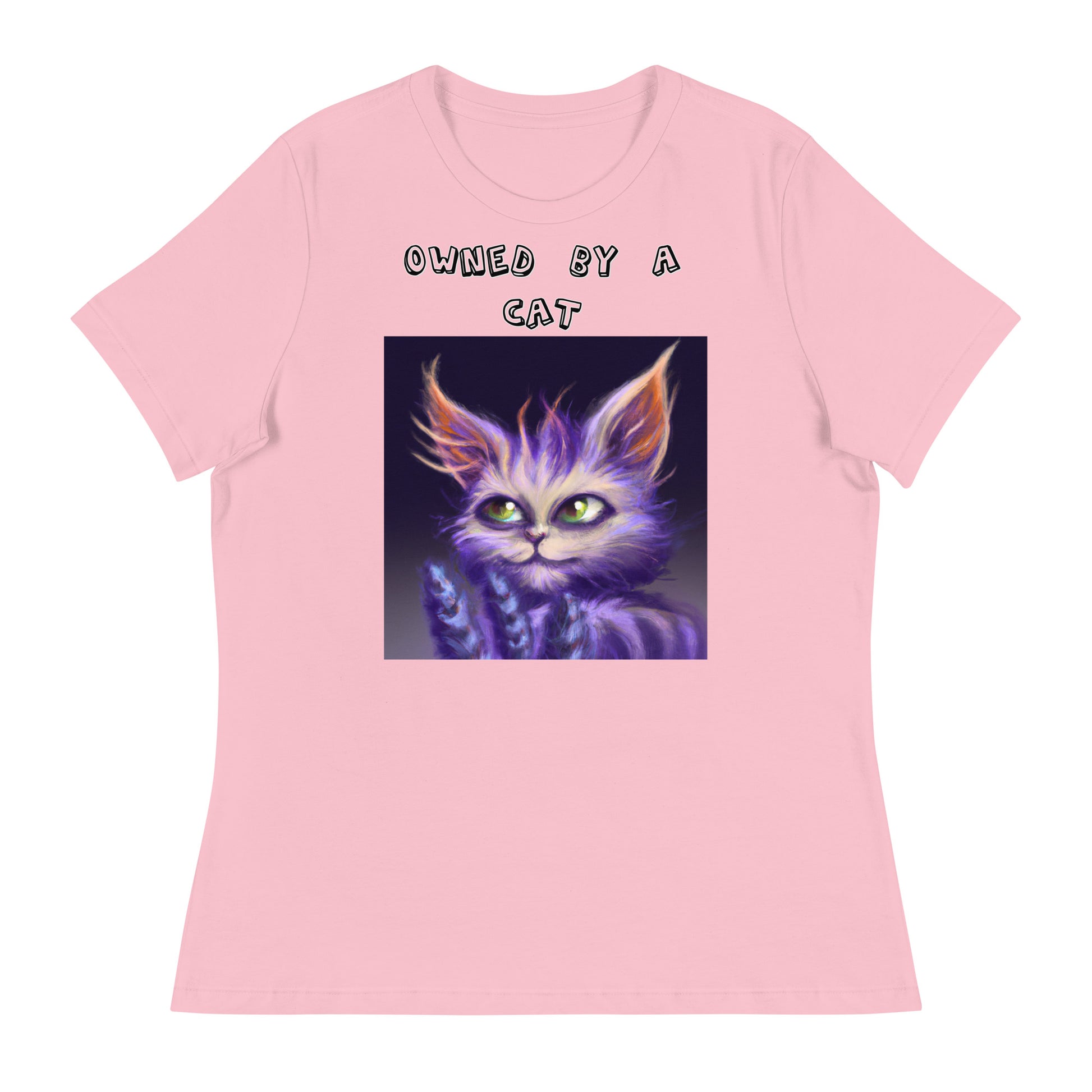 Women's White T-Shirt with Purple Alien Cat with a text "Owned by a Cat" at $25.97 found at Personalizedpetlovergifts