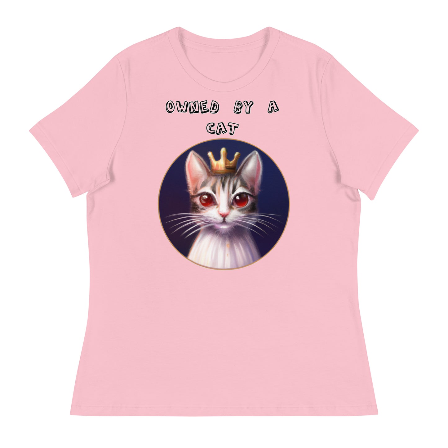 Women's White T-Shirt with Princess Cat With Red Eyes with a text "Owned by a Cat" at $25.97 found at Personalizedpetlovergifts