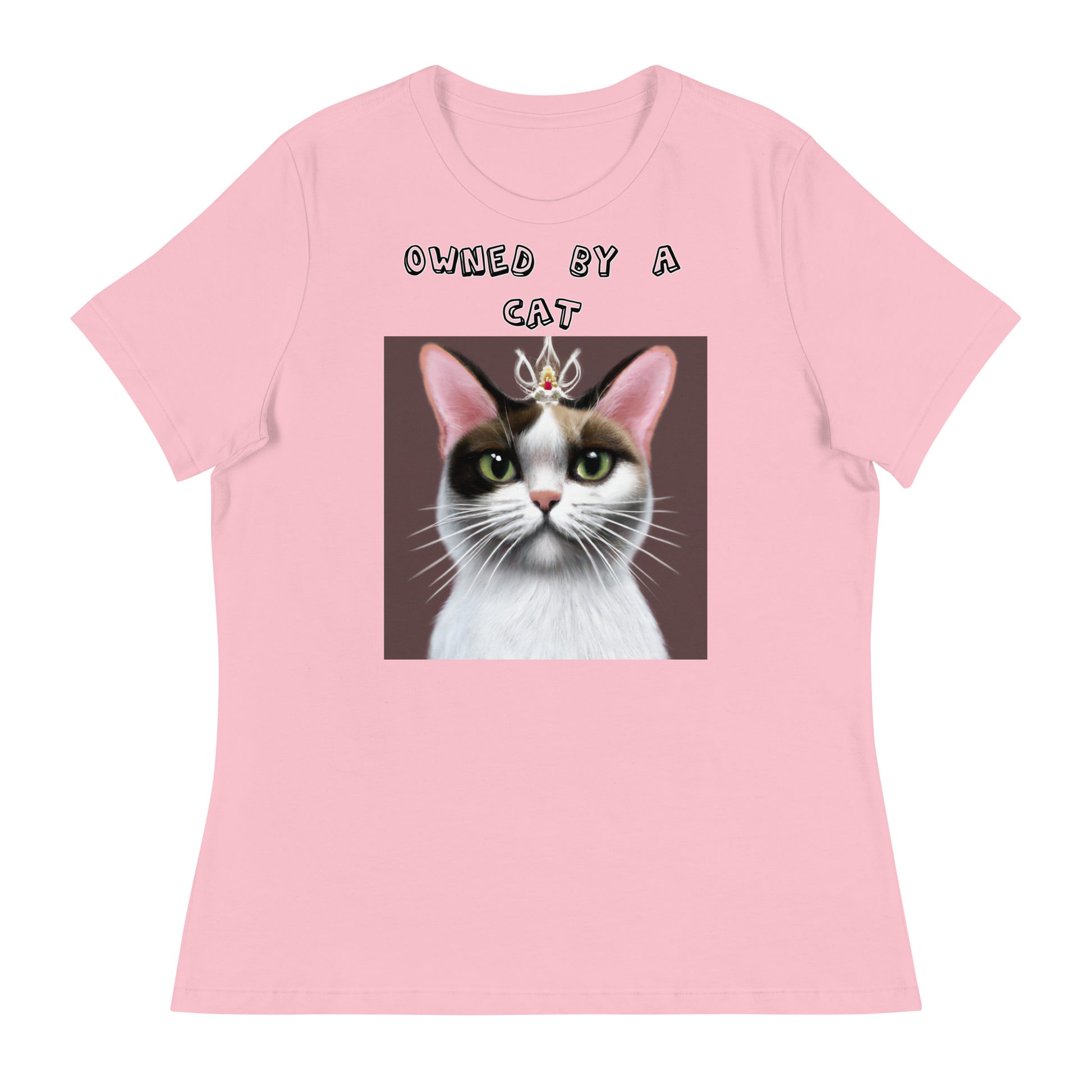 Women's White T-Shirt with Princess Cat With a Tiara with a text "Owned by a Cat" at $25.97 found at Personalizedpetlovergifts