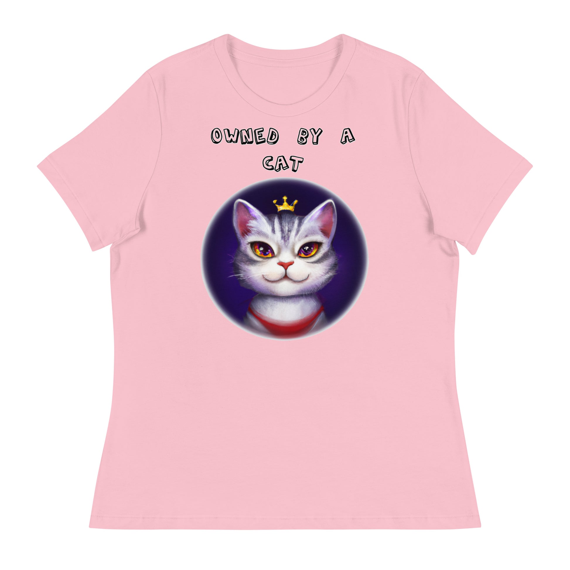 Women's White T-Shirt with Princess Cat In a Circle with a text "Owned by a Cat" at $25.97 found at Personalizedpetlovergifts