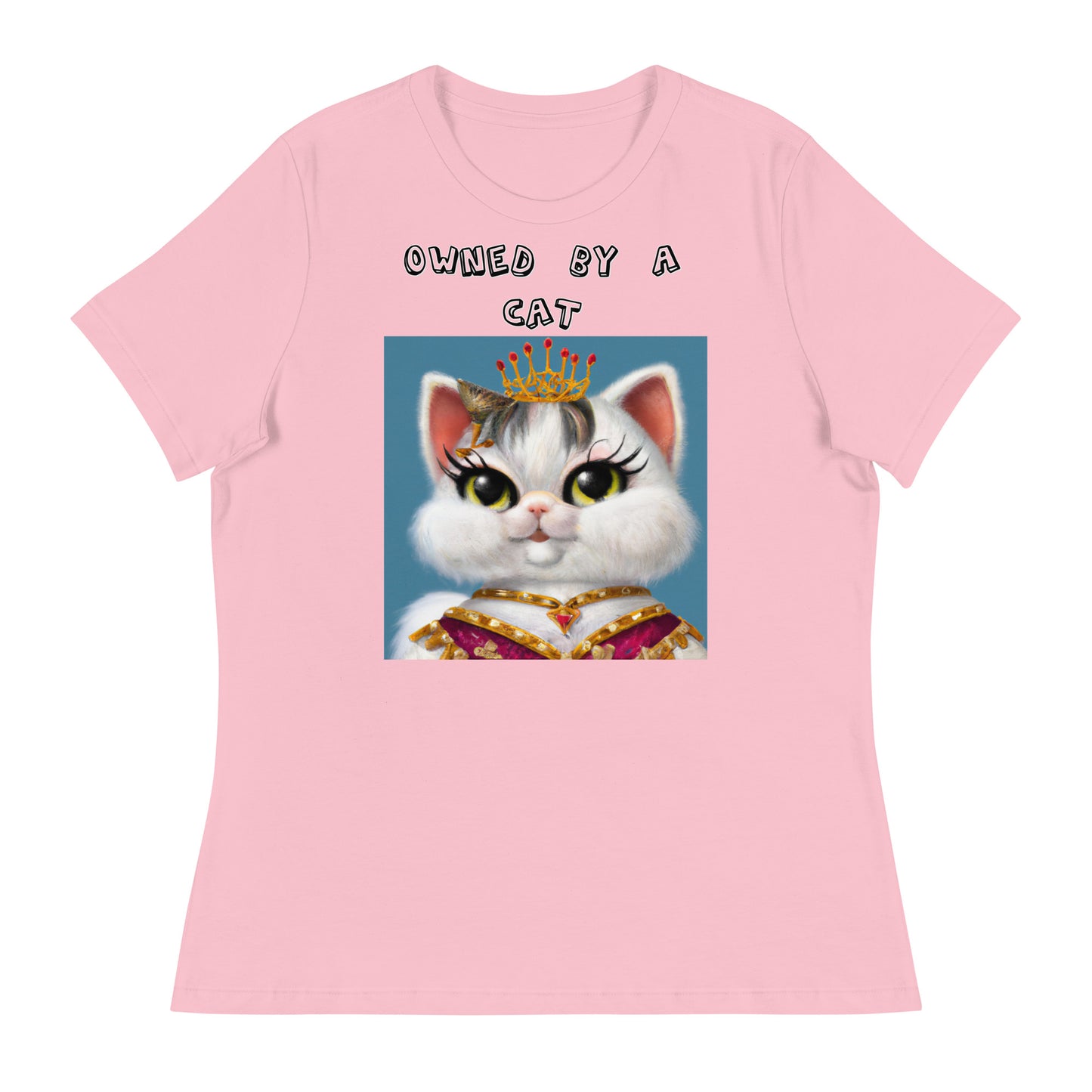 Women's White T-Shirt with Pretty Queen Cat with a text "Owned by a Cat" at $25.97 found at Personalizedpetlovergifts