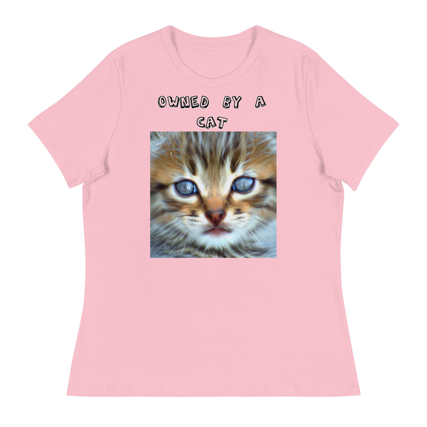 Women's White T-Shirt with Portrait Painting Of a Kitten with a text "Owned by a Cat" at $25.97 found at Personalizedpetlovergifts