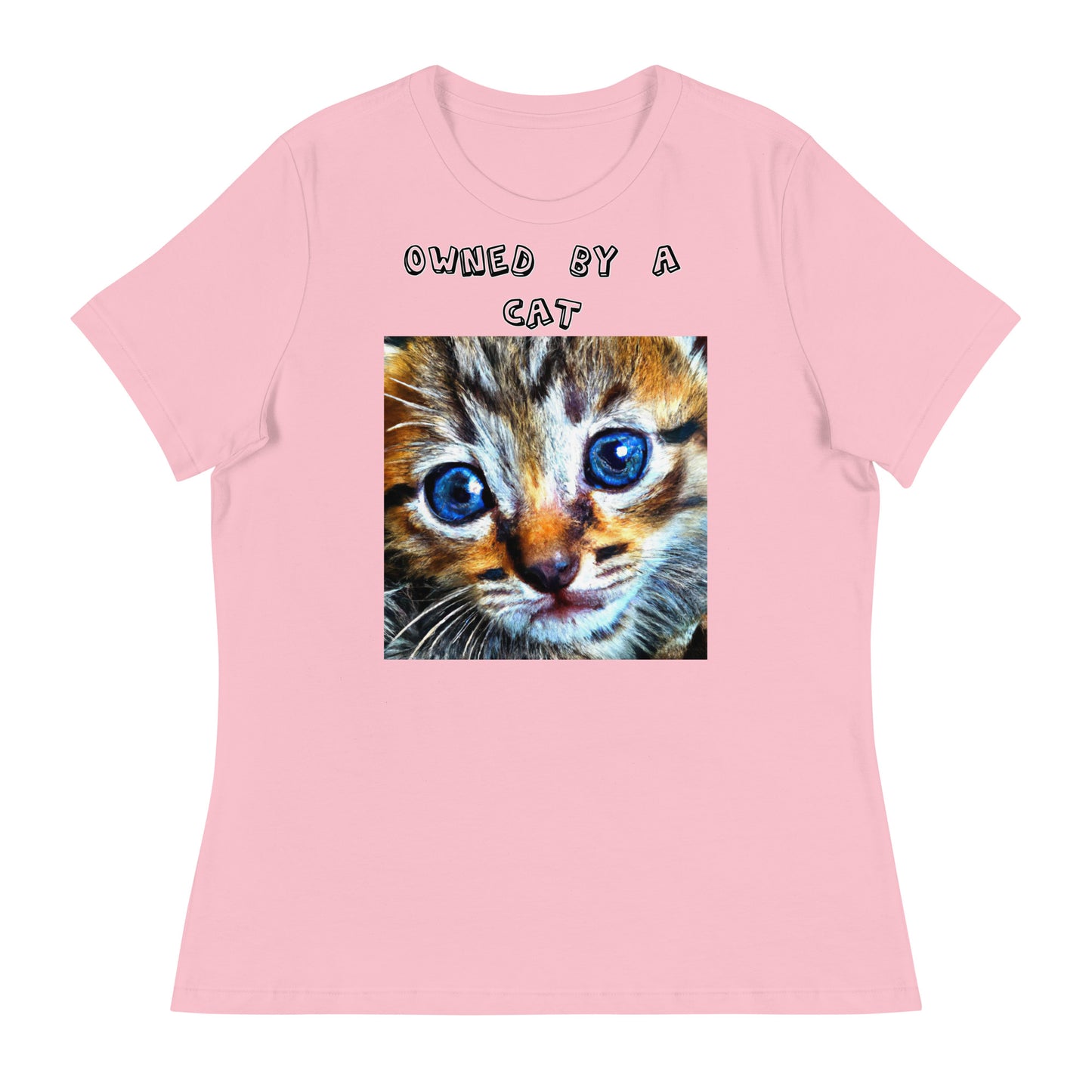 Women's White T-Shirt with Portrait Painting Of a Cat with a text "Owned by a Cat" at $25.97 found at Personalizedpetlovergifts