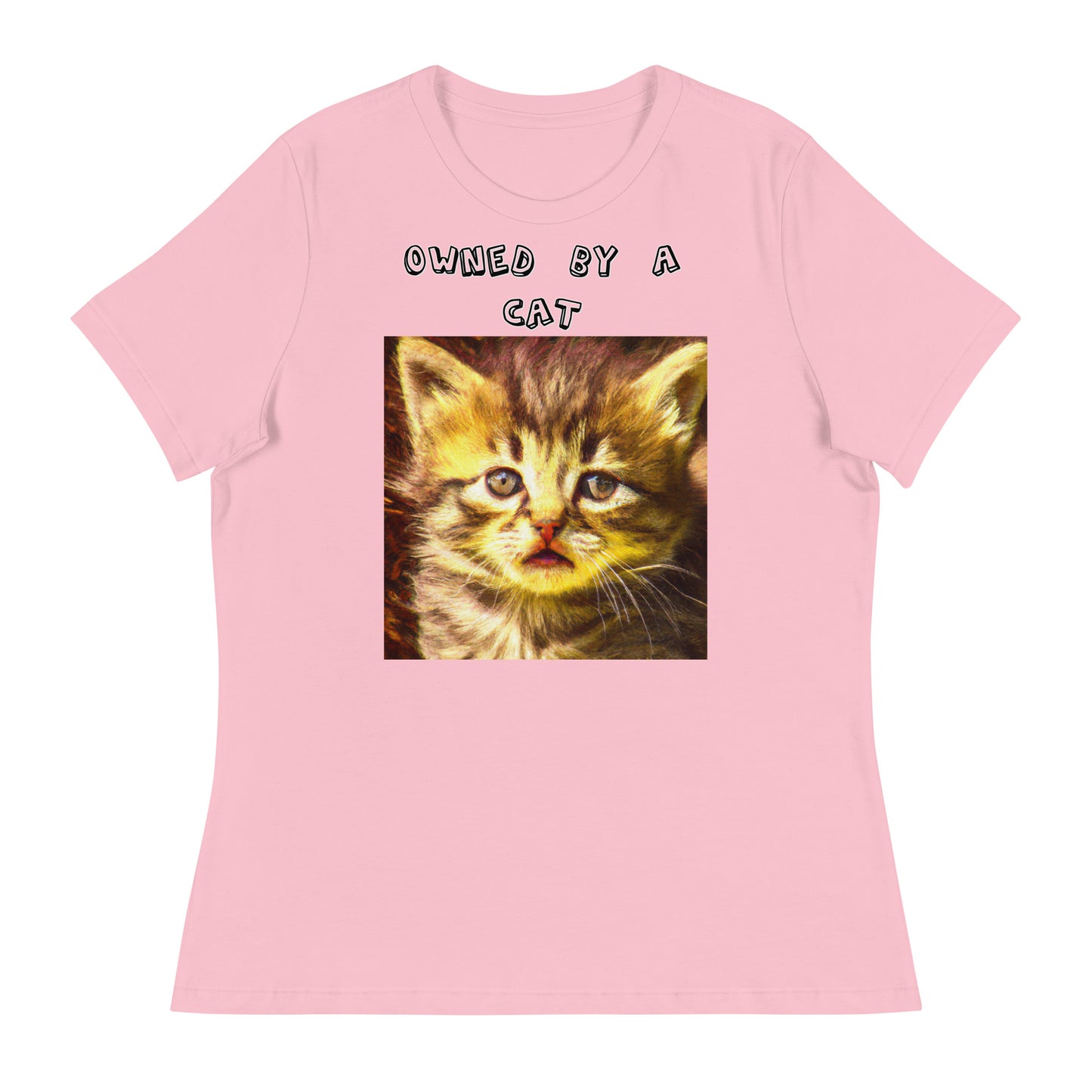 Women's White T-Shirt with Portrait Of a Fluffy Kitten with a text "Owned by a Cat" at $25.97 found at Personalizedpetlovergifts