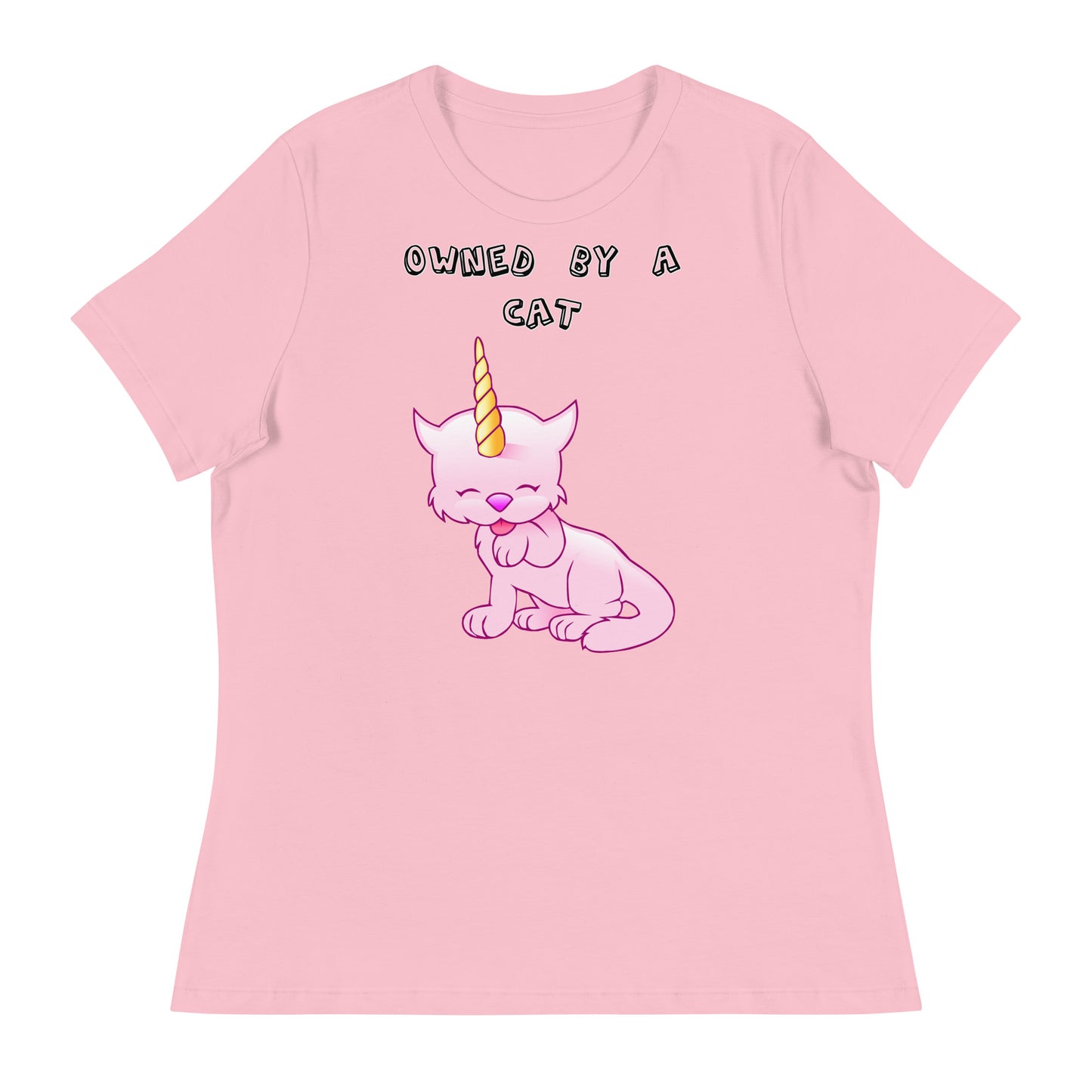 Women's White T-Shirt with Pink Unicorn Cat Licking Its Paw with a text "Owned by a Cat" at $25.97 found at Personalizedpetlovergifts