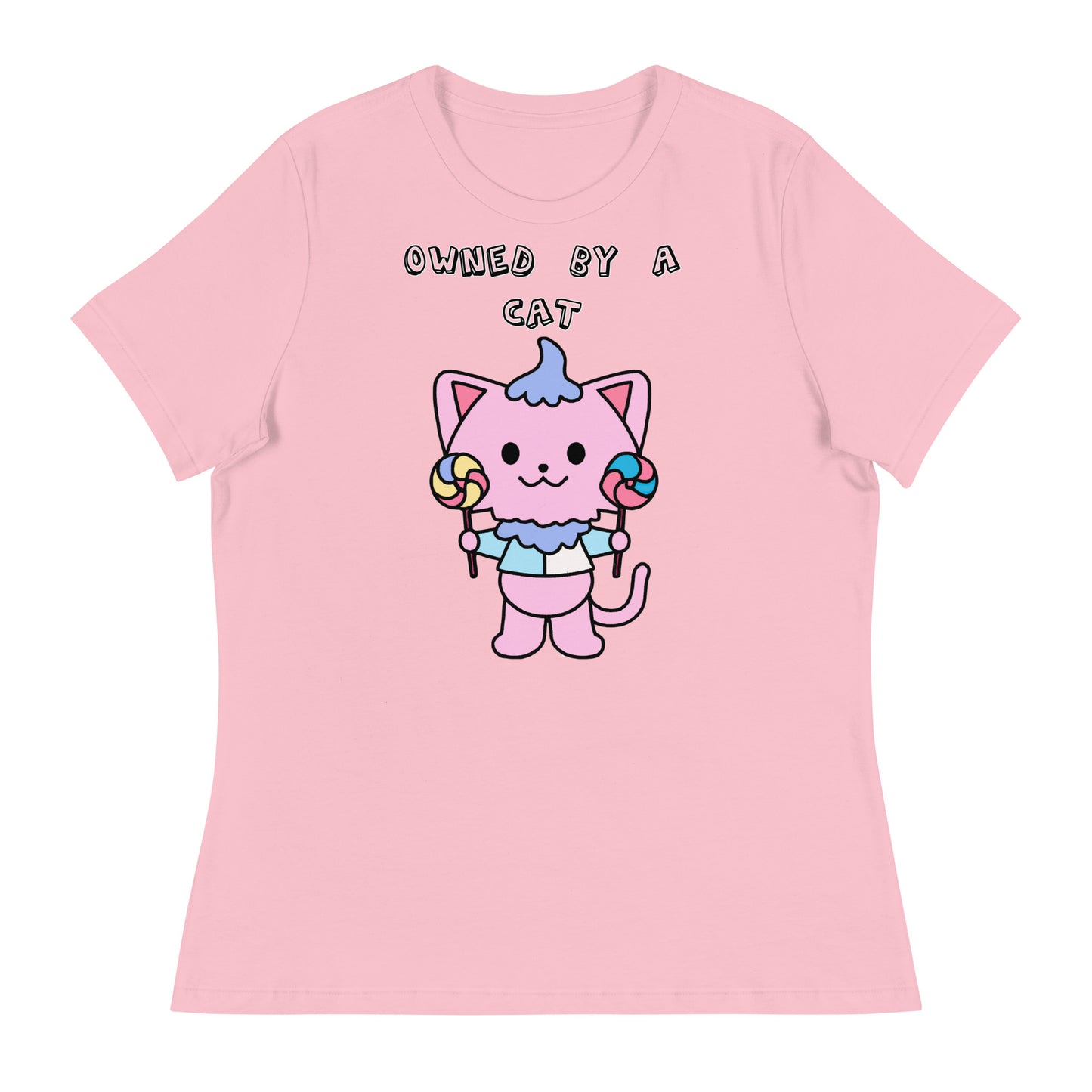 Women's White T-Shirt with Pink Kitten With Lollipops with a text "Owned by a Cat" at $25.97 found at Personalizedpetlovergifts