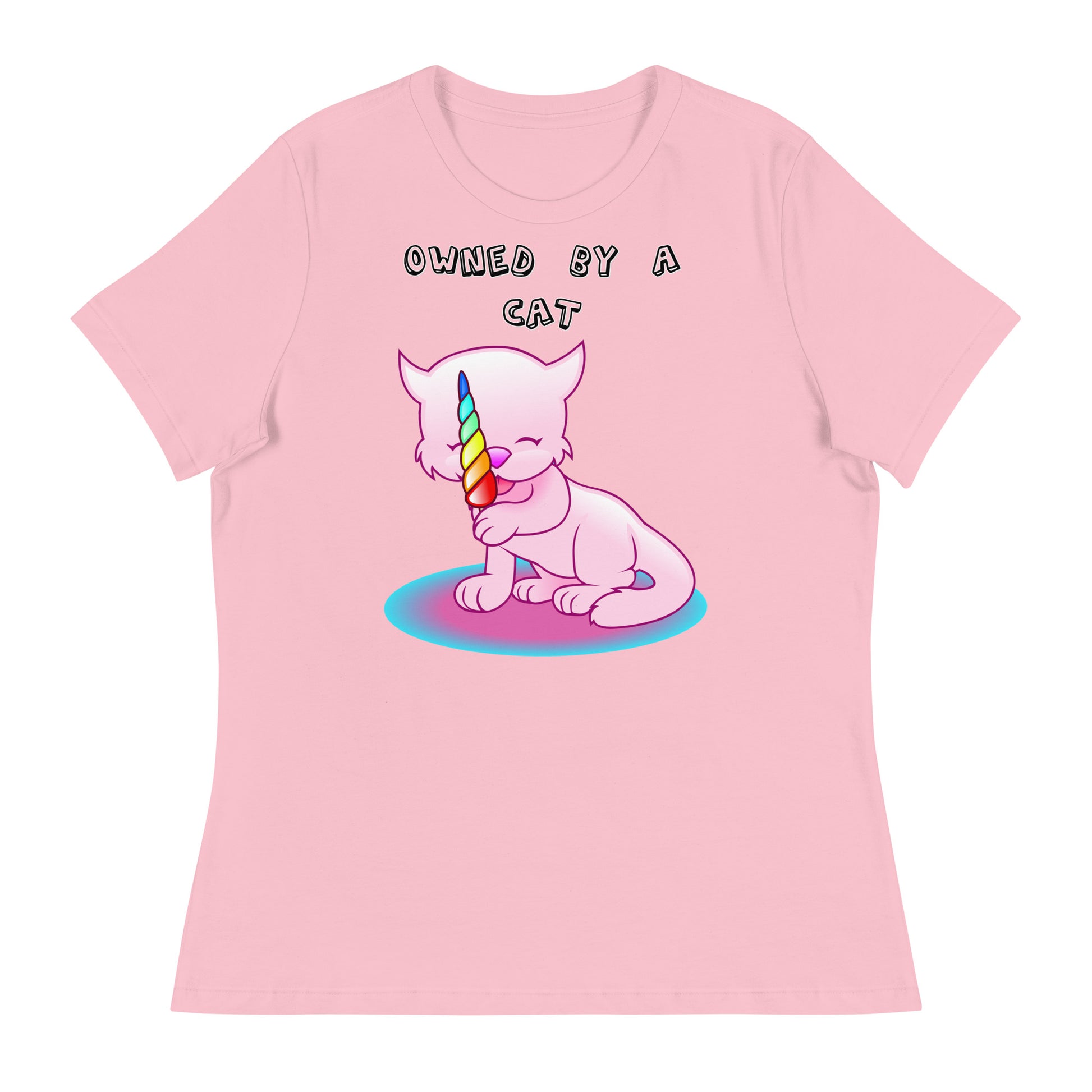 Women's White T-Shirt with Pink Kitten Licking Candy with a text "Owned by a Cat" at $25.97 found at Personalizedpetlovergifts