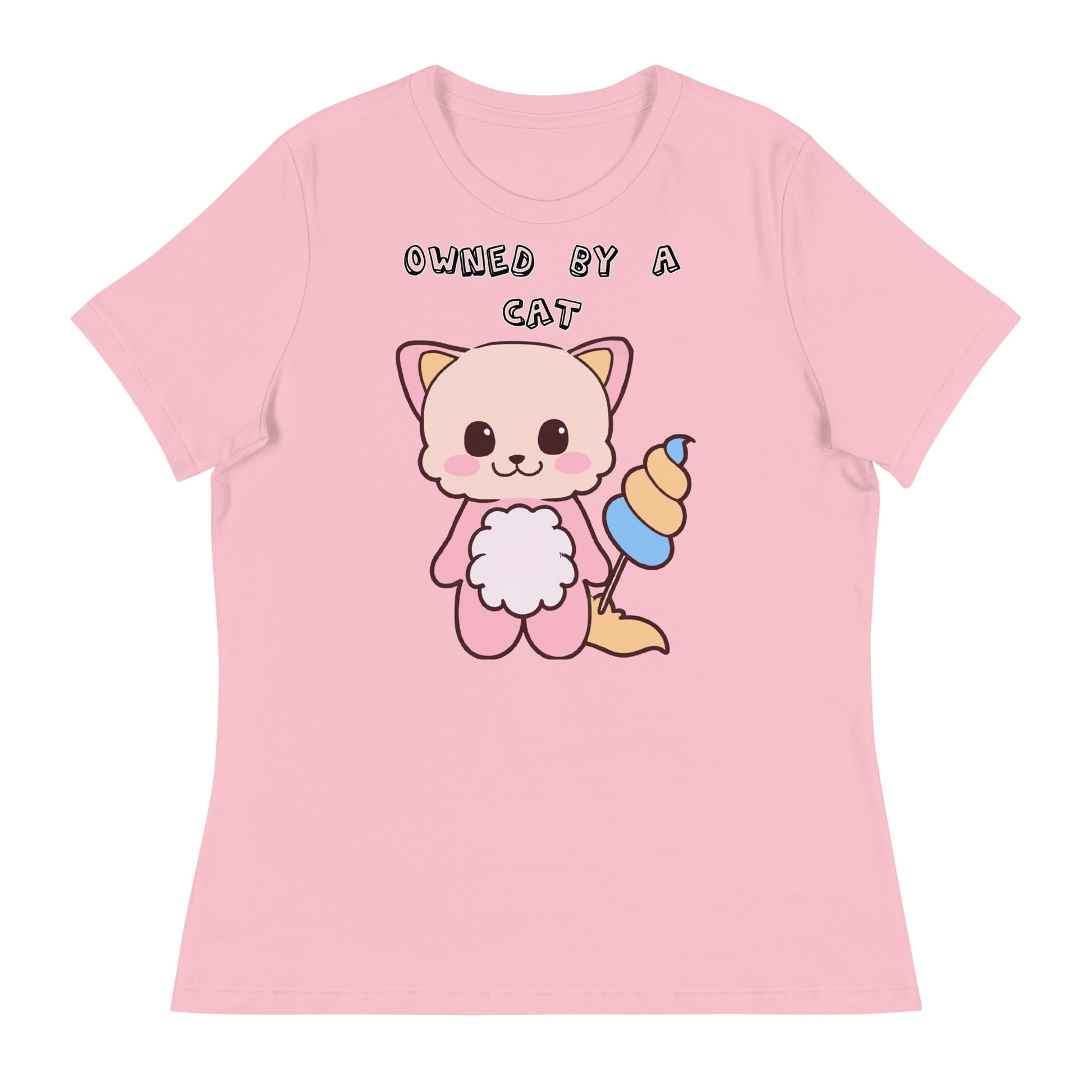 Women's White T-Shirt with Pink Kitten Holding a Cotton Candy with a text "Owned by a Cat" at $25.97 found at Personalizedpetlovergifts