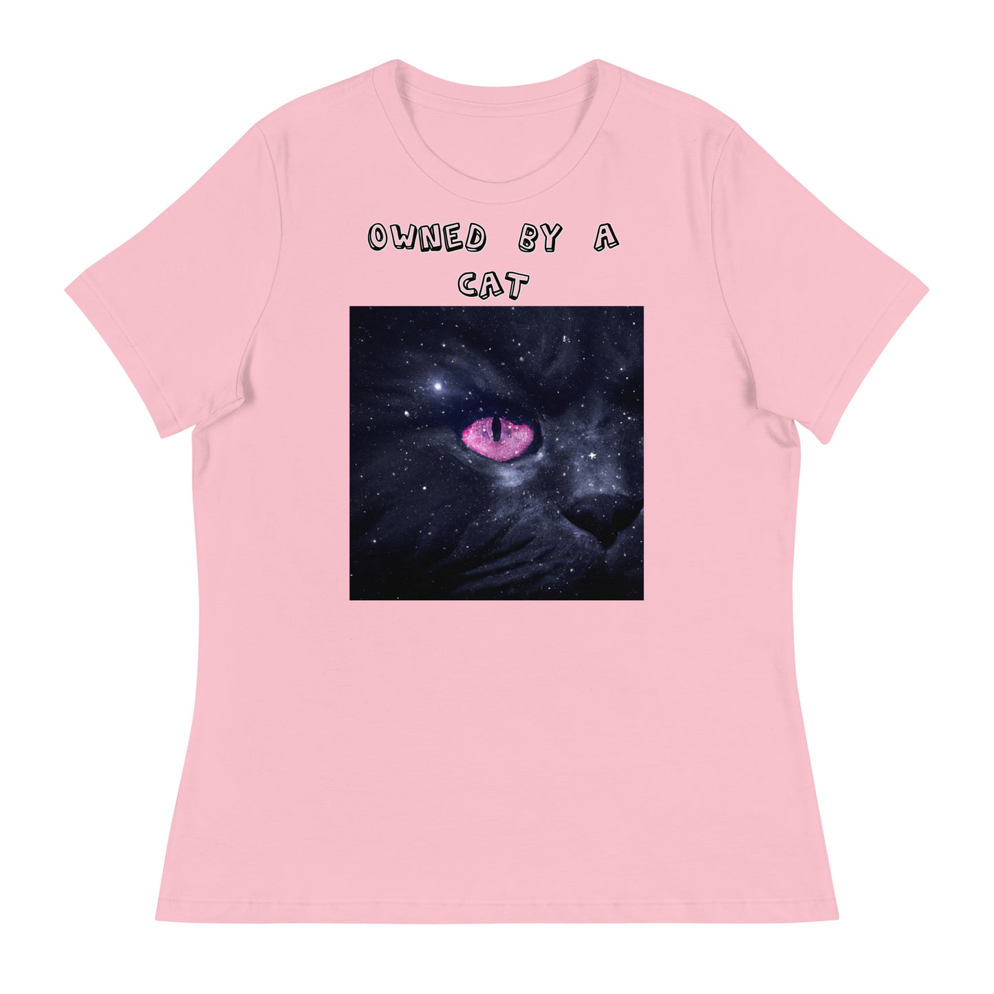 Women's White T-Shirt with Pink Galaxy Eyed Cat with a text "Owned by a Cat" at $25.97 found at Personalizedpetlovergifts