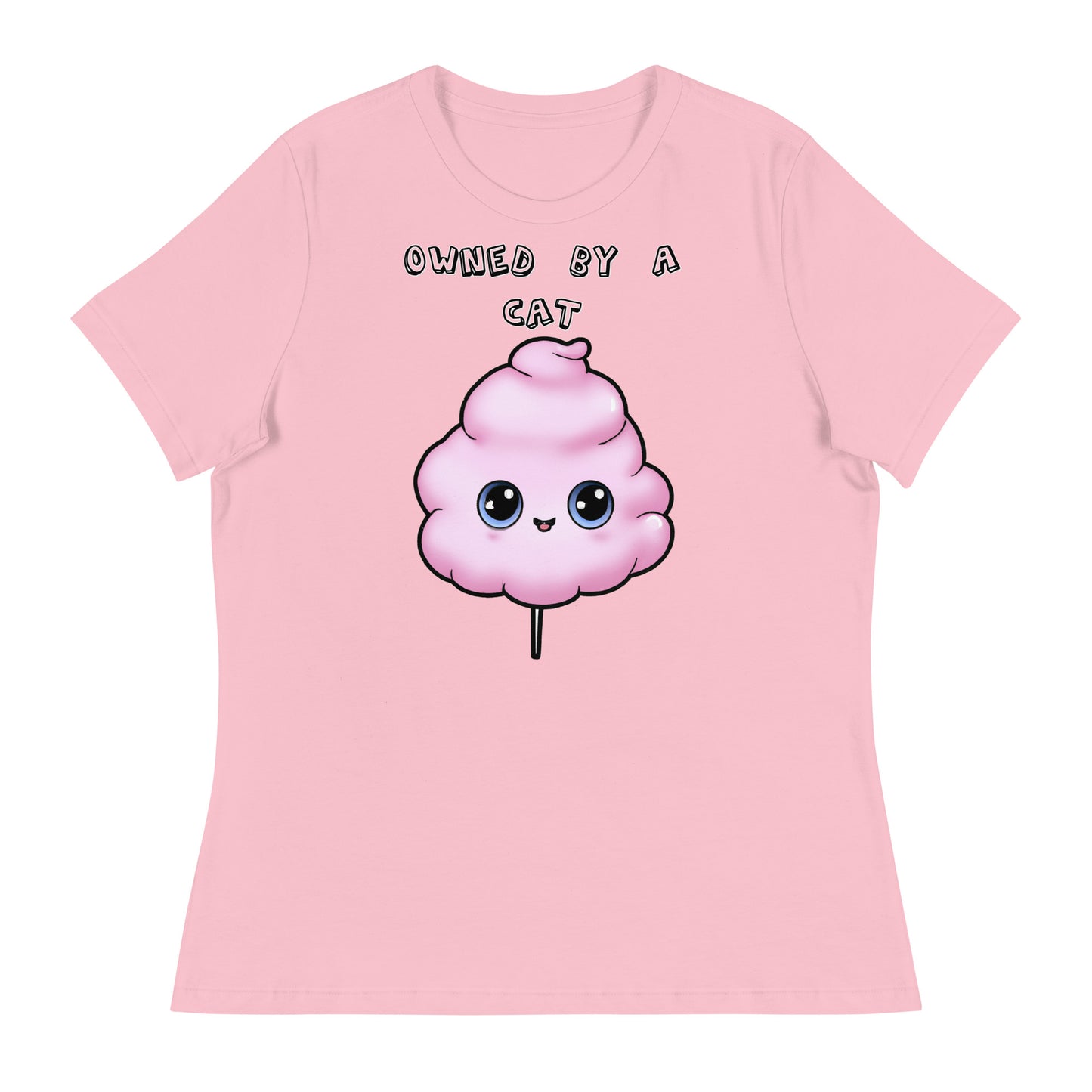 Women's White T-Shirt with Pink Cotton Candy With Cute Eyes with a text "Owned by a Cat" at $25.97 found at Personalizedpetlovergifts